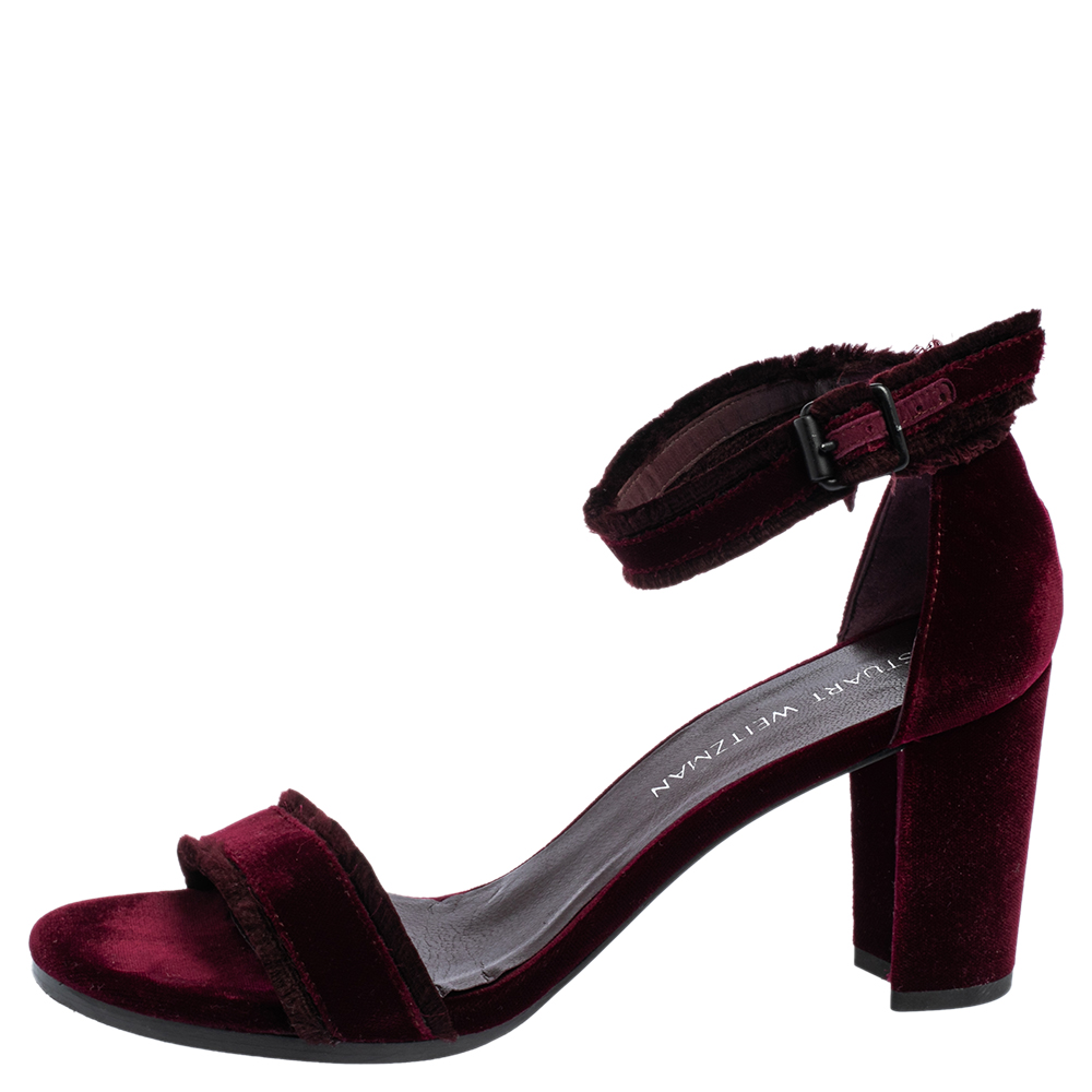 

Stuart Weitzman Bordeaux Velvet Frayed Ankle Strap Sandals Size, Burgundy