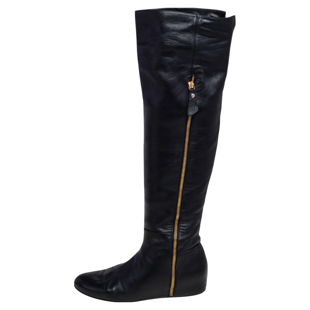 

Stuart Weitzman Black Leather and Stretch Fabric Knee Length Flat Boots Sze