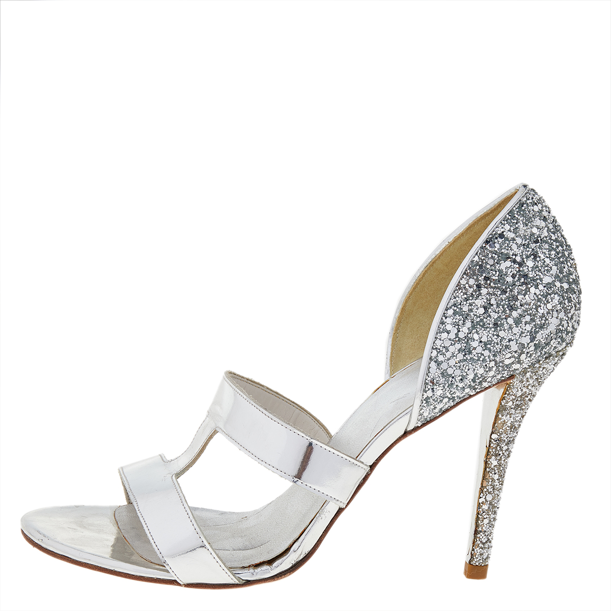 

Stuart Weitzman Silver Glitter And Leather Open Toe Pumps Size