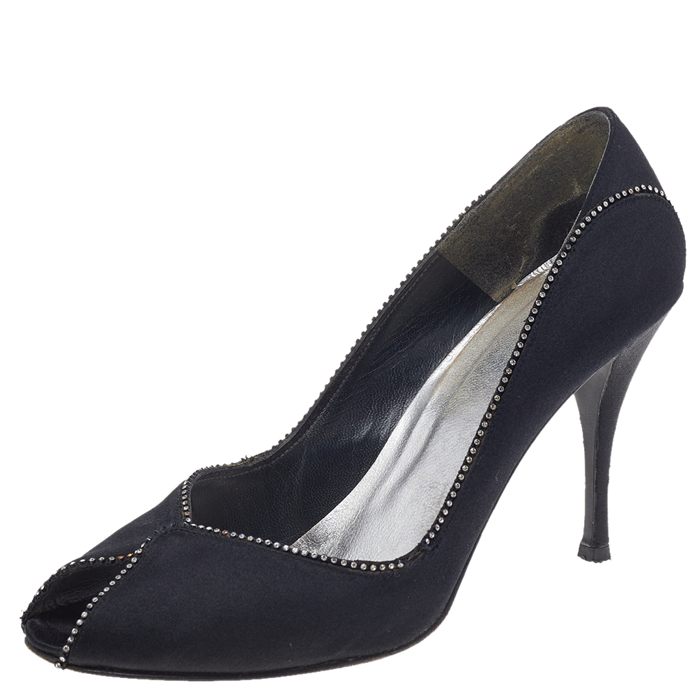 

Stuart Weitzman Black Satin Embellished Peep Toe Pumps Size