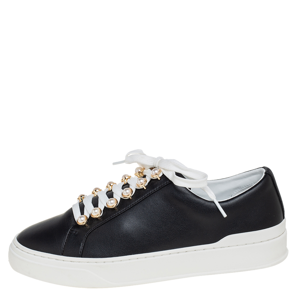 

Stuart Weitzman Black Leather Faux Pearl Embellished Low Top Sneakers Size
