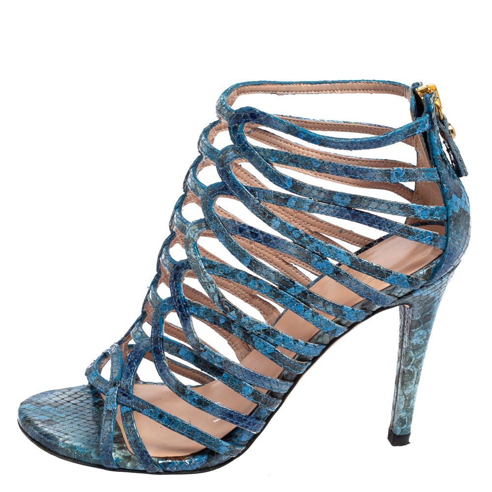 

Stuart Weitzman Blue Python Embossed Leather Strappy Sandals Size