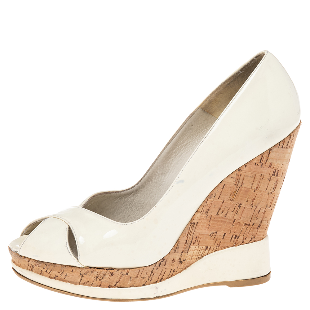 

Stuart Weitzman Cream Patent Leather Criss Cross Peep-Toe Cork Wedge Pumps Size, White