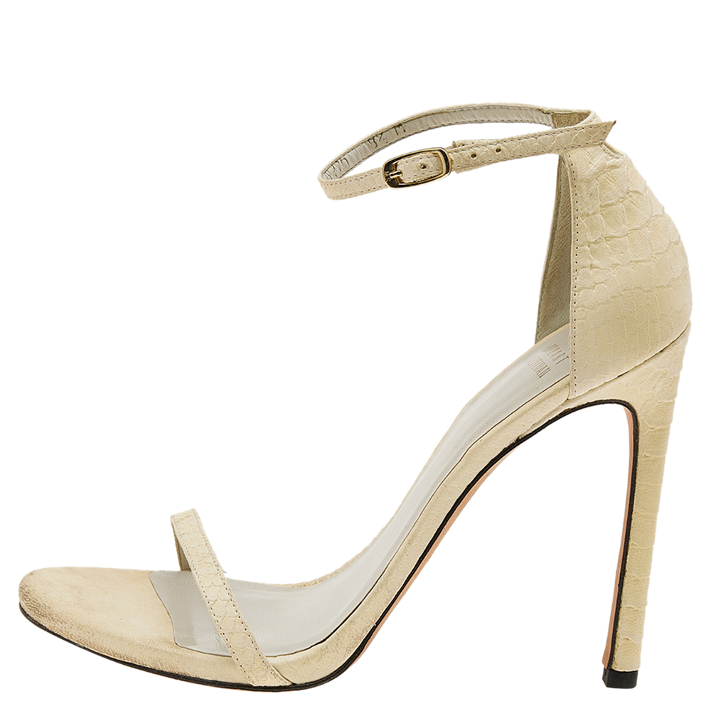 

Stuart Weitzman Cream Python Embossed Leather Nudist Ankle Strap Sandals Size