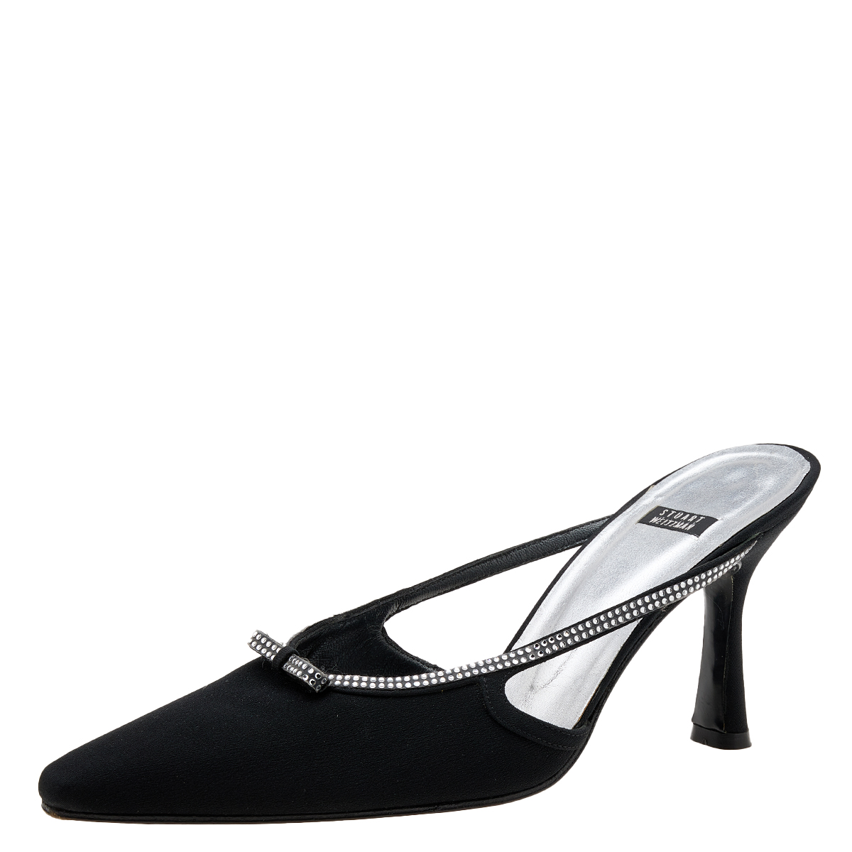 Designed with pointed toes and crystal embellished fronts these Stuart Weitzman mules are truly divine Theyve been beautifully crafted from fine materials in a classic black hue. They are endowed with leather lined insoles along with 9 cm heels and are made for special occasions.