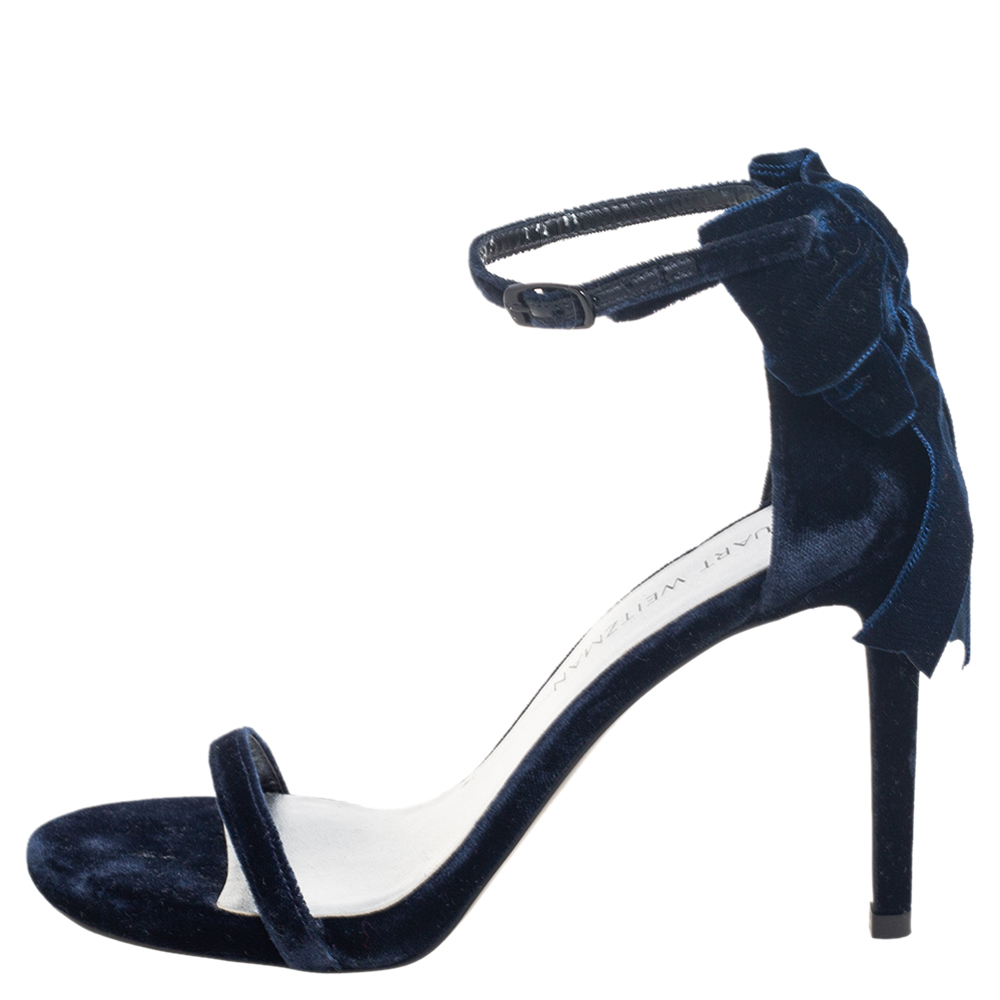 

Stuart Weitzman Navy Blue Velvet My Bow Ankle-Strap Sandals Size