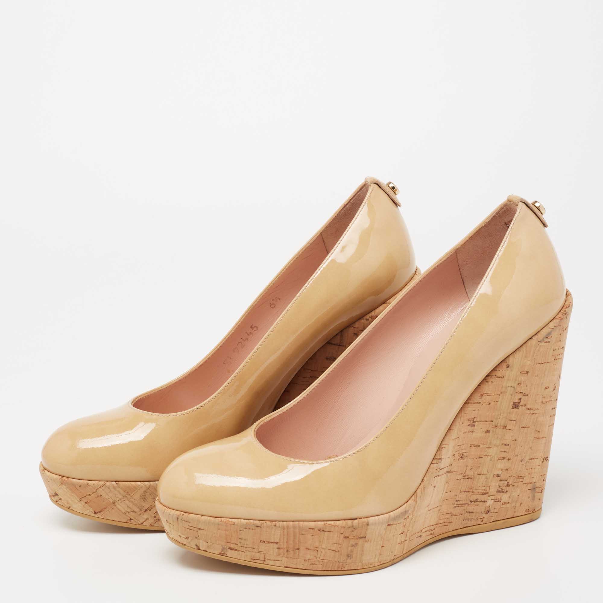 

Stuart Weitzman Beige Patent Leather Cork Platform Wedge Pumps Size