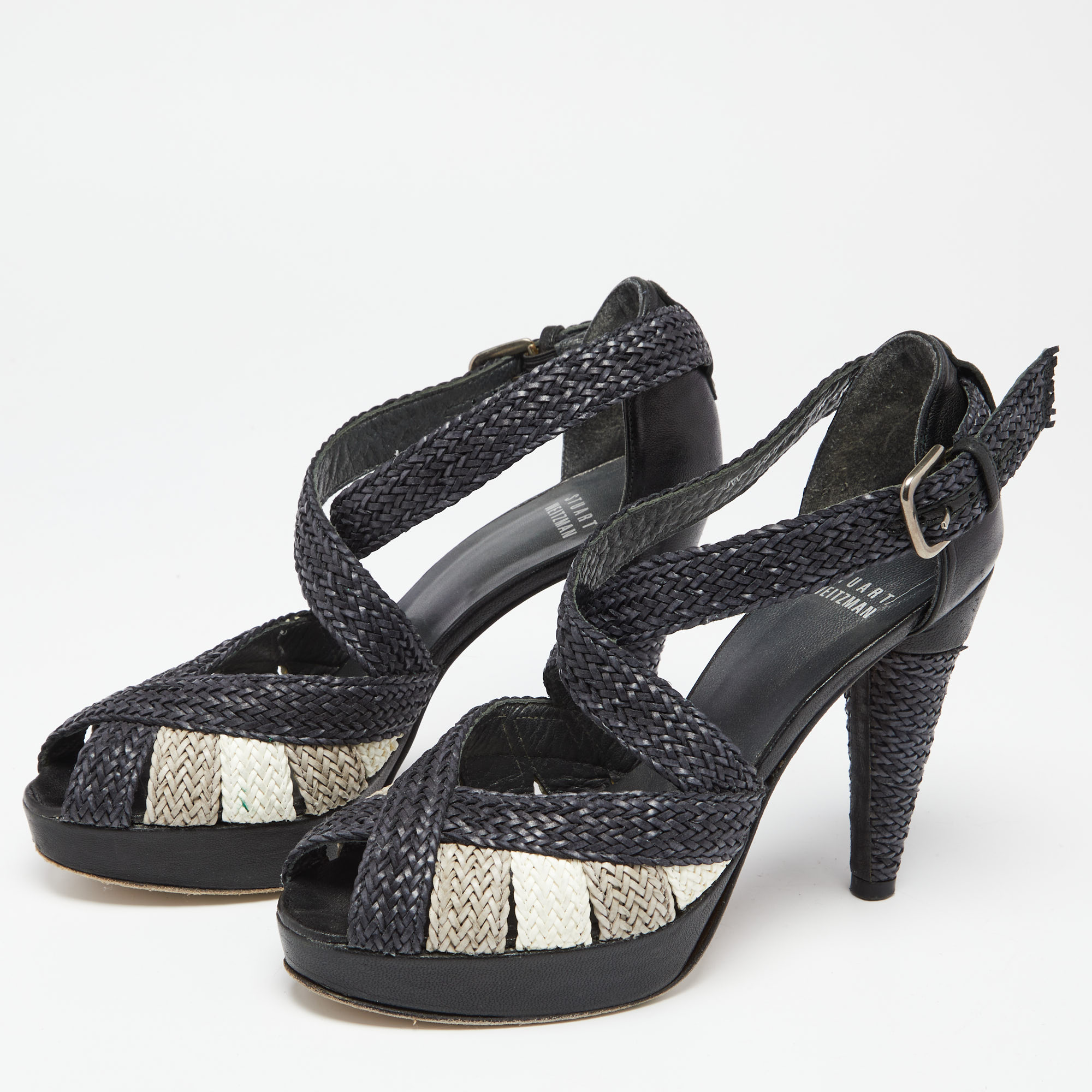 

Stuart Weitzman Black/White Woven Leather Peep Toe Ankle Strap Sandals Size