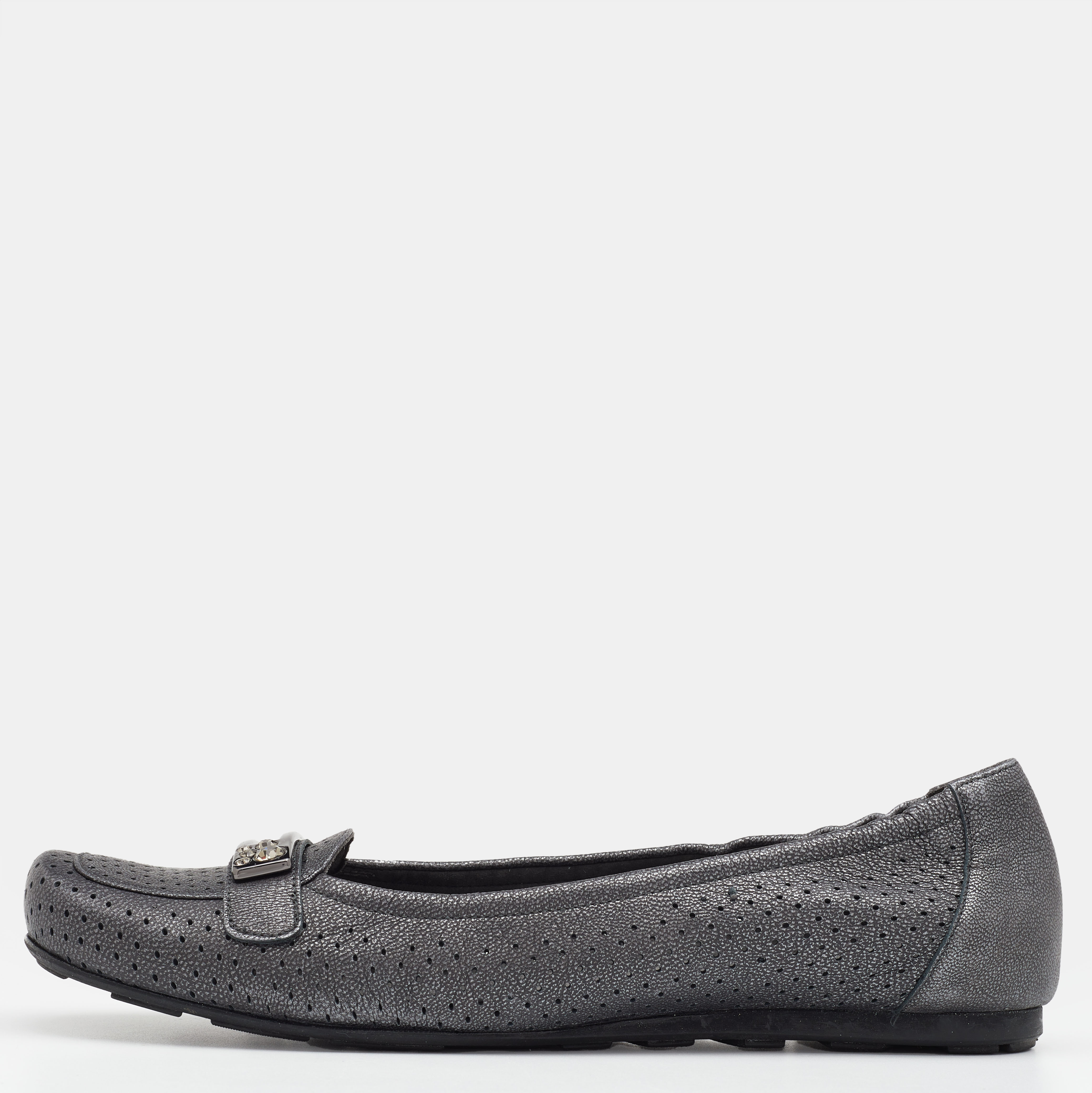 

Stuart Weitzman Metallic Grey Perforated Leather Crystal Embellished Slip On Loafers Size