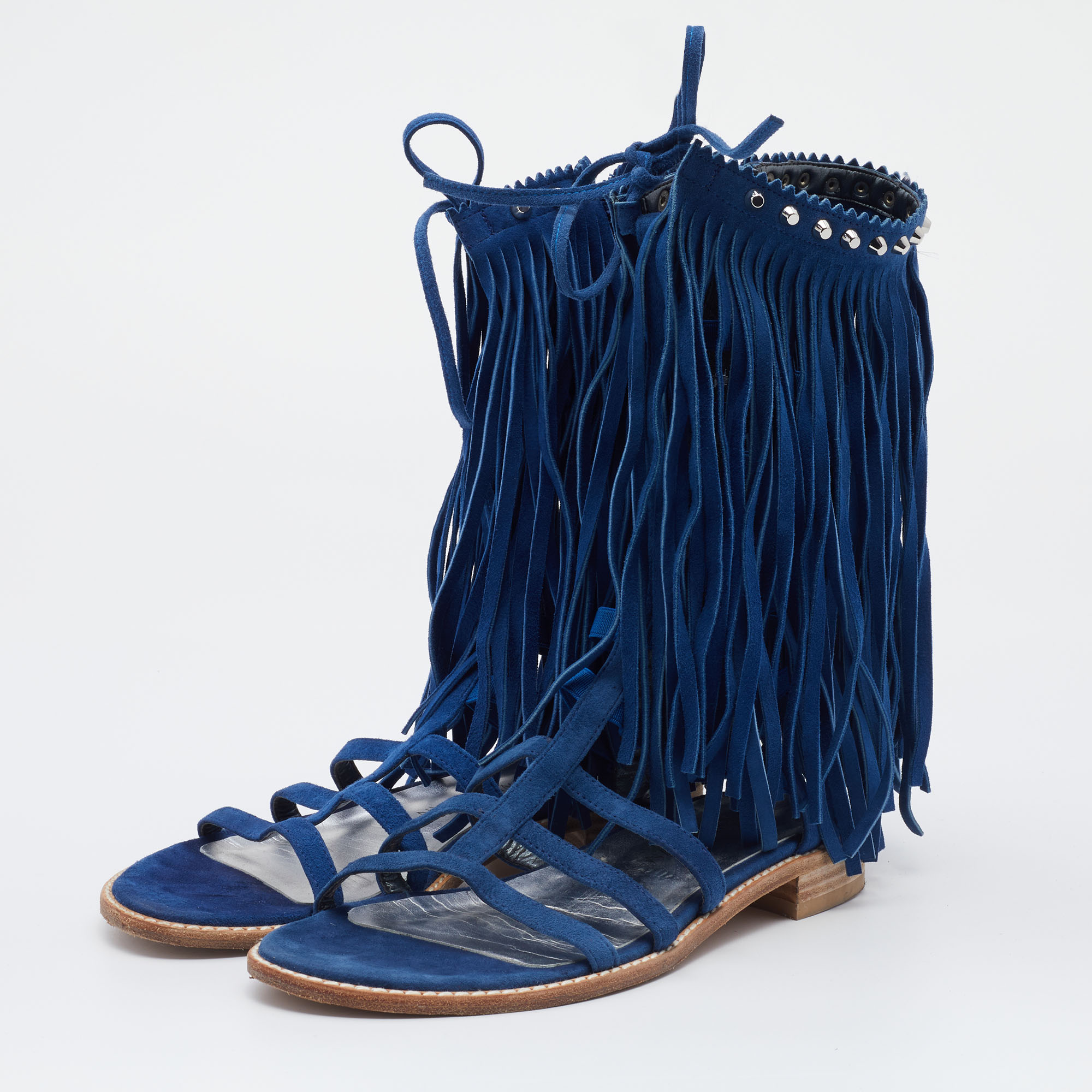 

Stuart Weitzman Blue Suede Fringe Detail Gladiator Flat Sandals Size