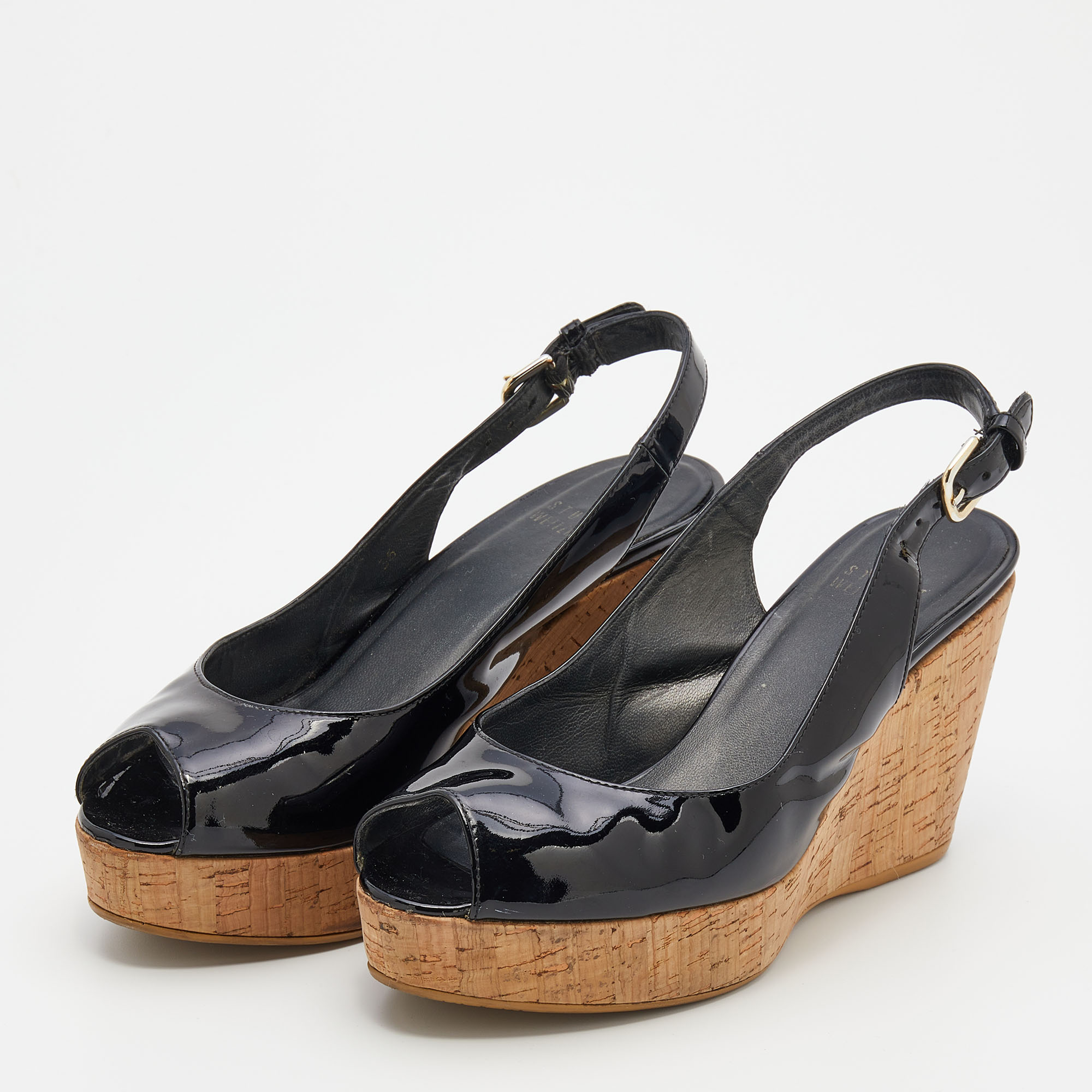 

Stuart Weitzman Black Patent Leather Jean Peep Toe Cork Platform Wedge Slingback Sandals Size