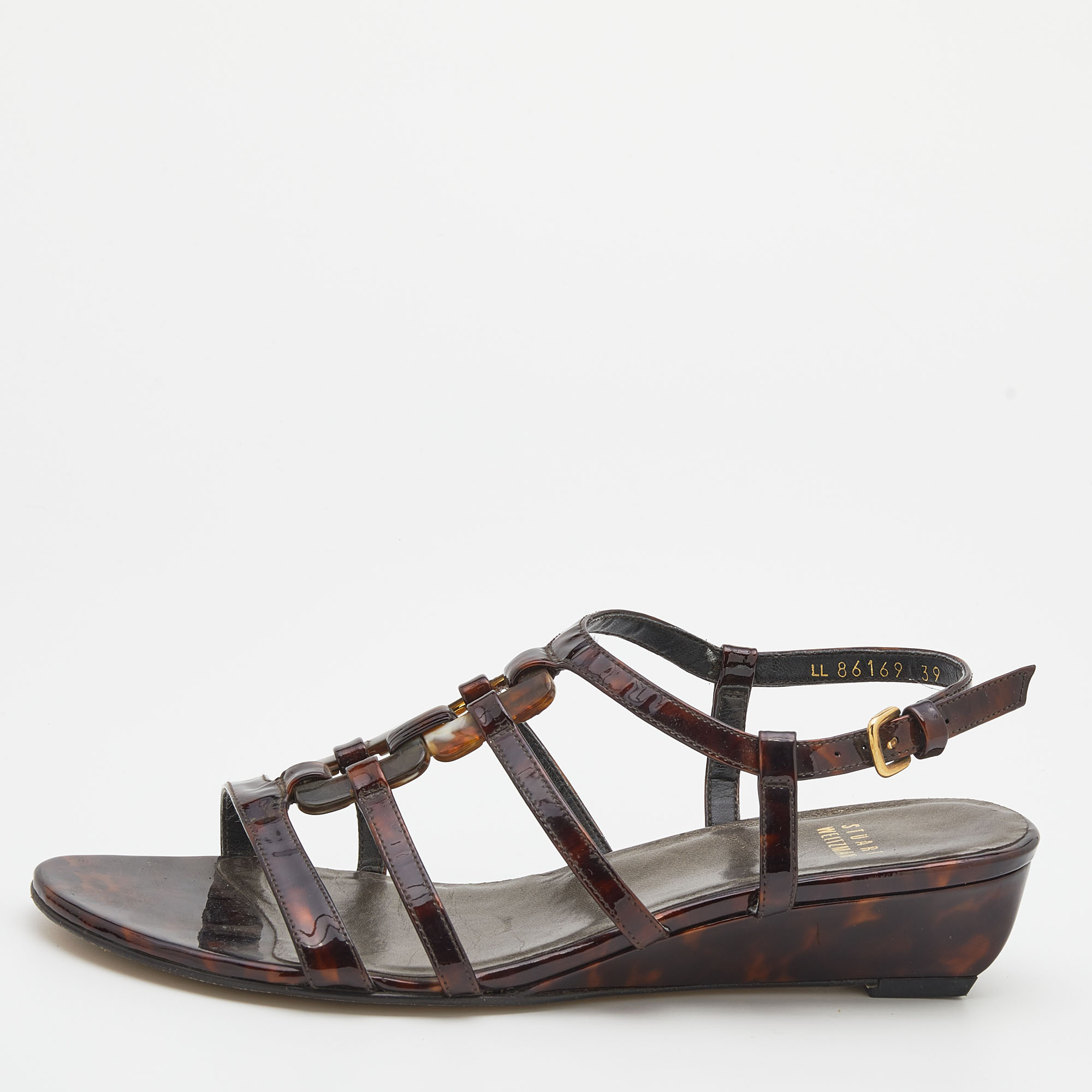 

Stuart Weitzman Tortoise Shell Patent Leather Strappy Ankle Strap Sandals Size, Brown