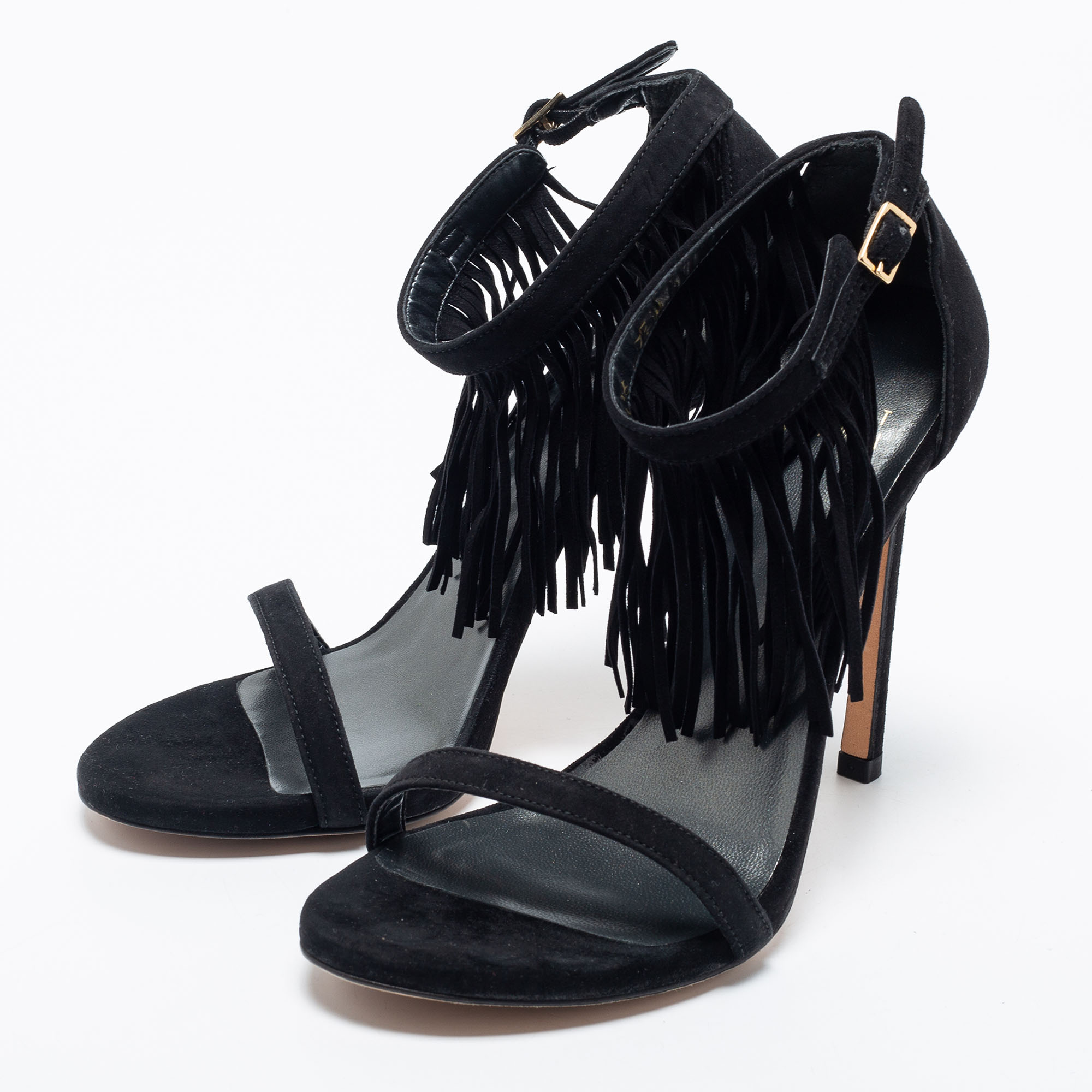 

Stuart Weitzman Black Suede Love Fringe Ankle Strap Sandals Size