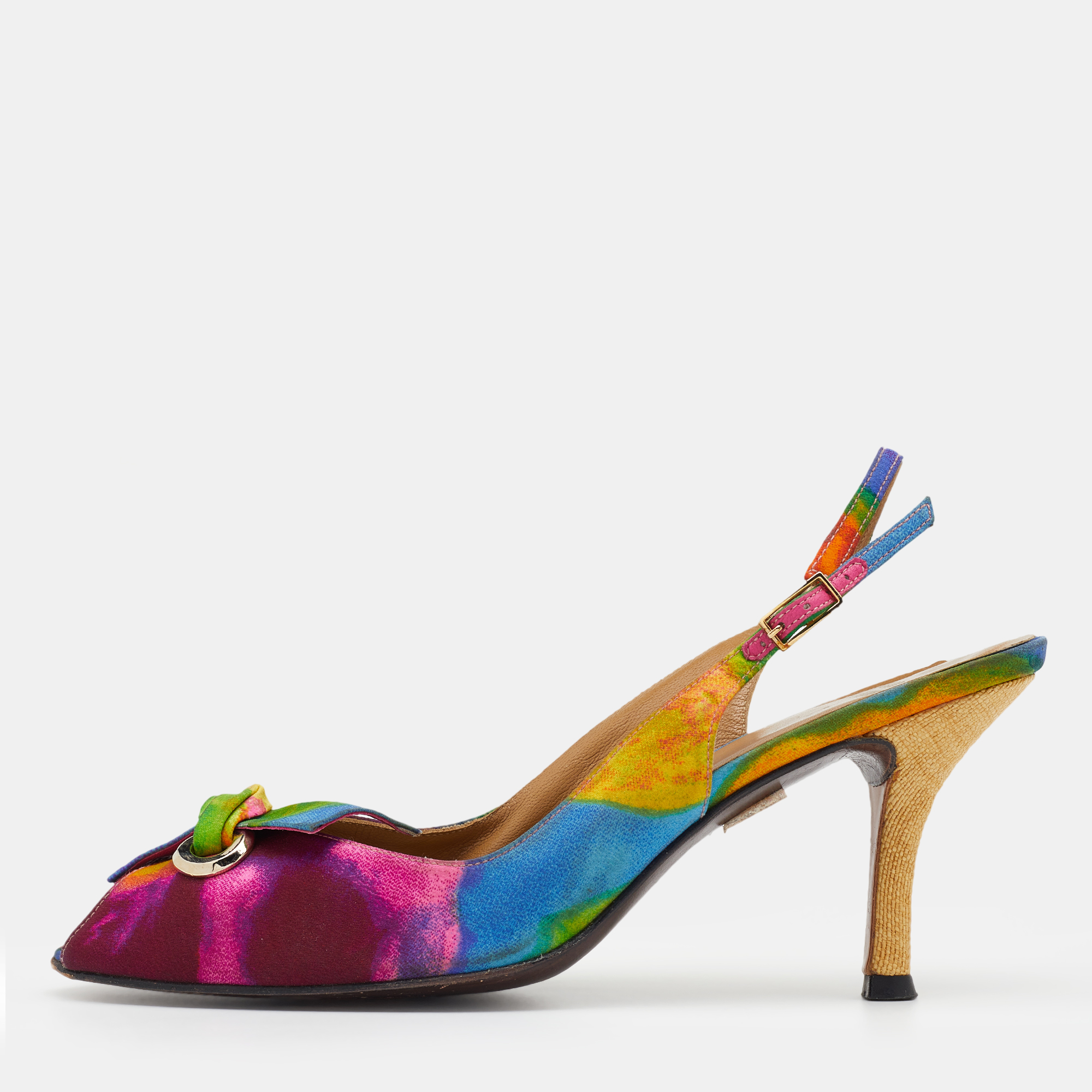 

Stuart Weitzman Multicolor Fabric Peep Toe Slingback Sandals Size