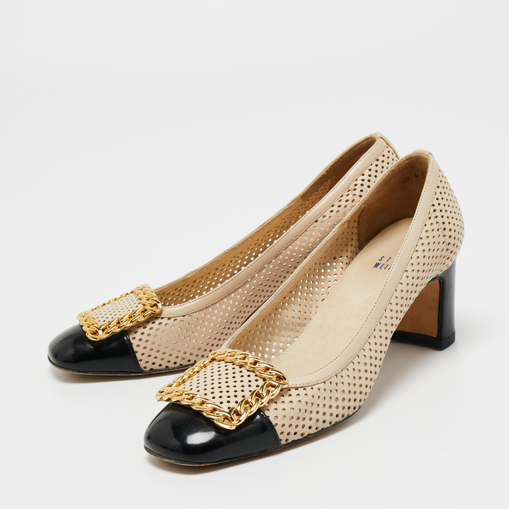 

Stuart Weitzman Beige/Black Perforated Leather Cap Toe Pumps Size