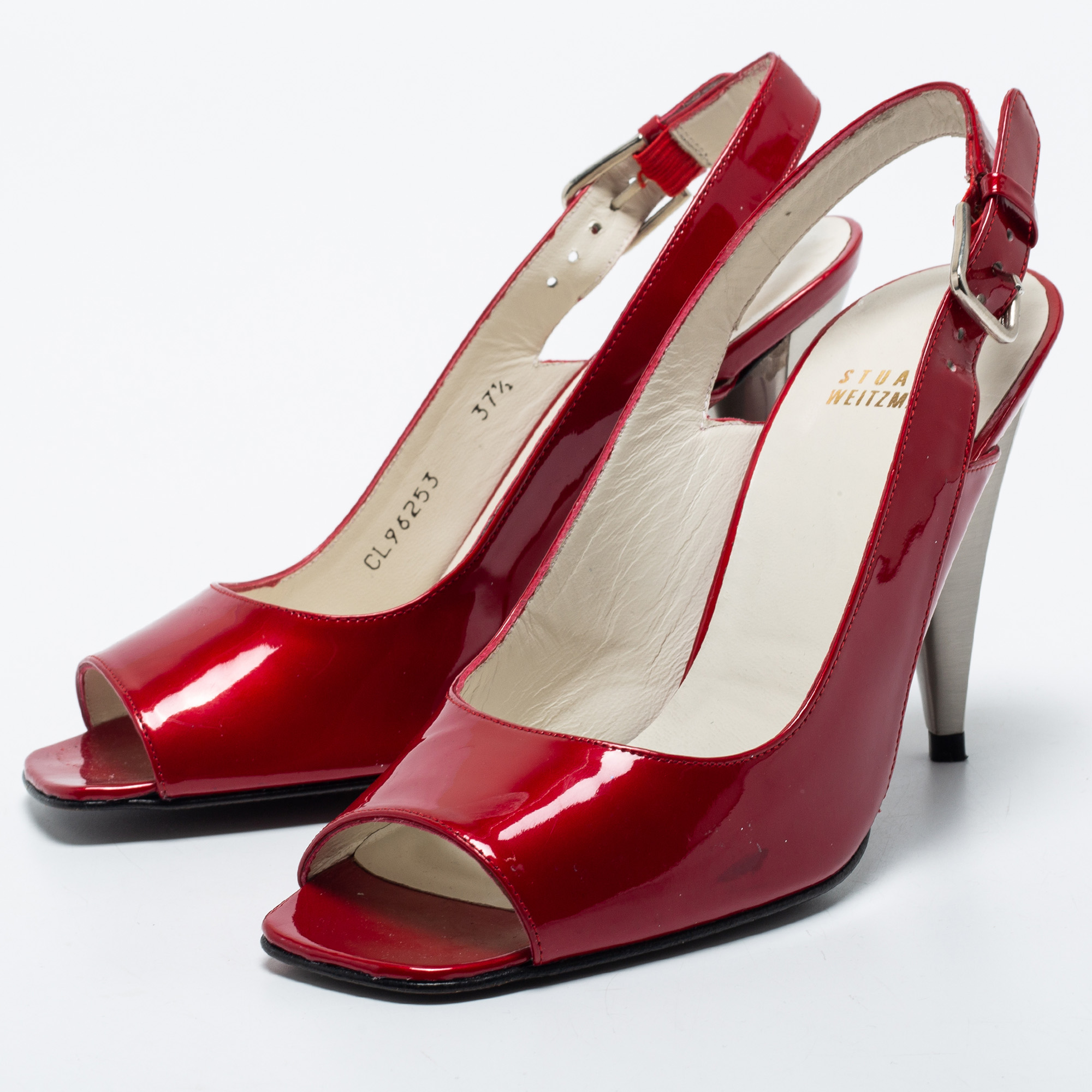 

Stuart Weitzman Red Patent Leather Peep Toe Slingback Pumps Size