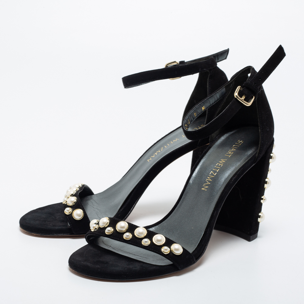 

Stuart Weitzman Black Suede Faux Pearl Embellished Nudist Sandals Size