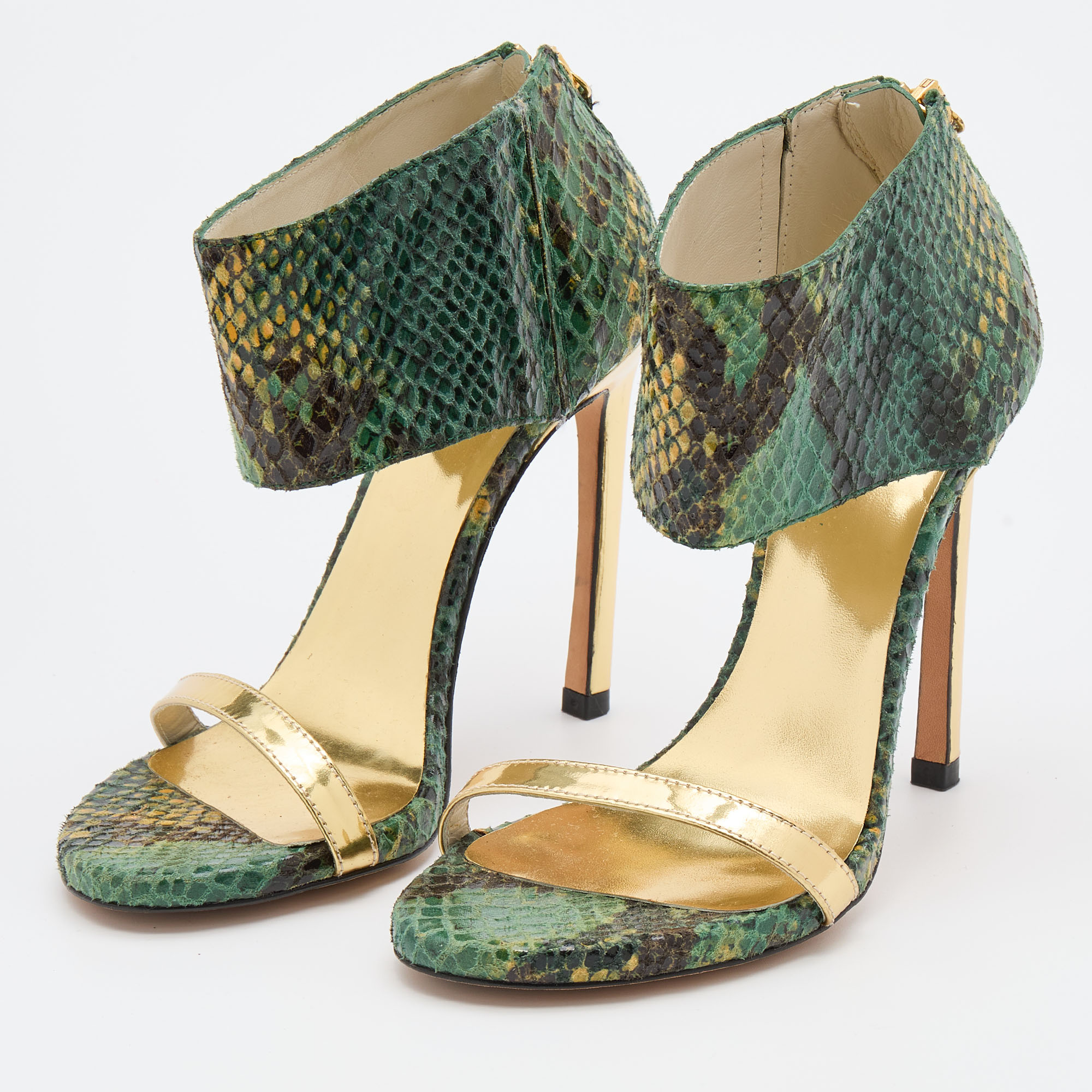 

Stuart Weitzman Multicolor Python Embossed Leather Ankle Cuff Sandals Size