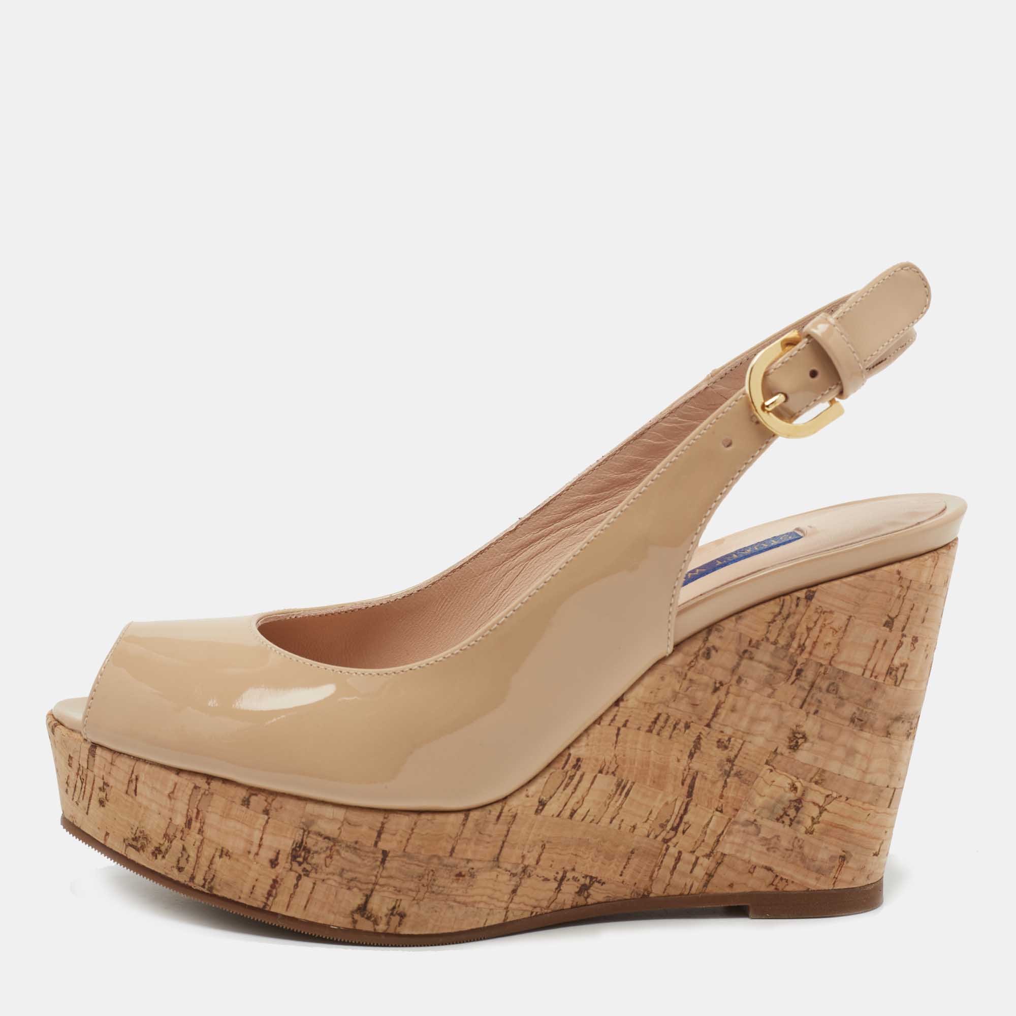 Stuart Weitzman Beige Patent Leather Jean Peep Toe Cork Wedge Pumps Size 35.5