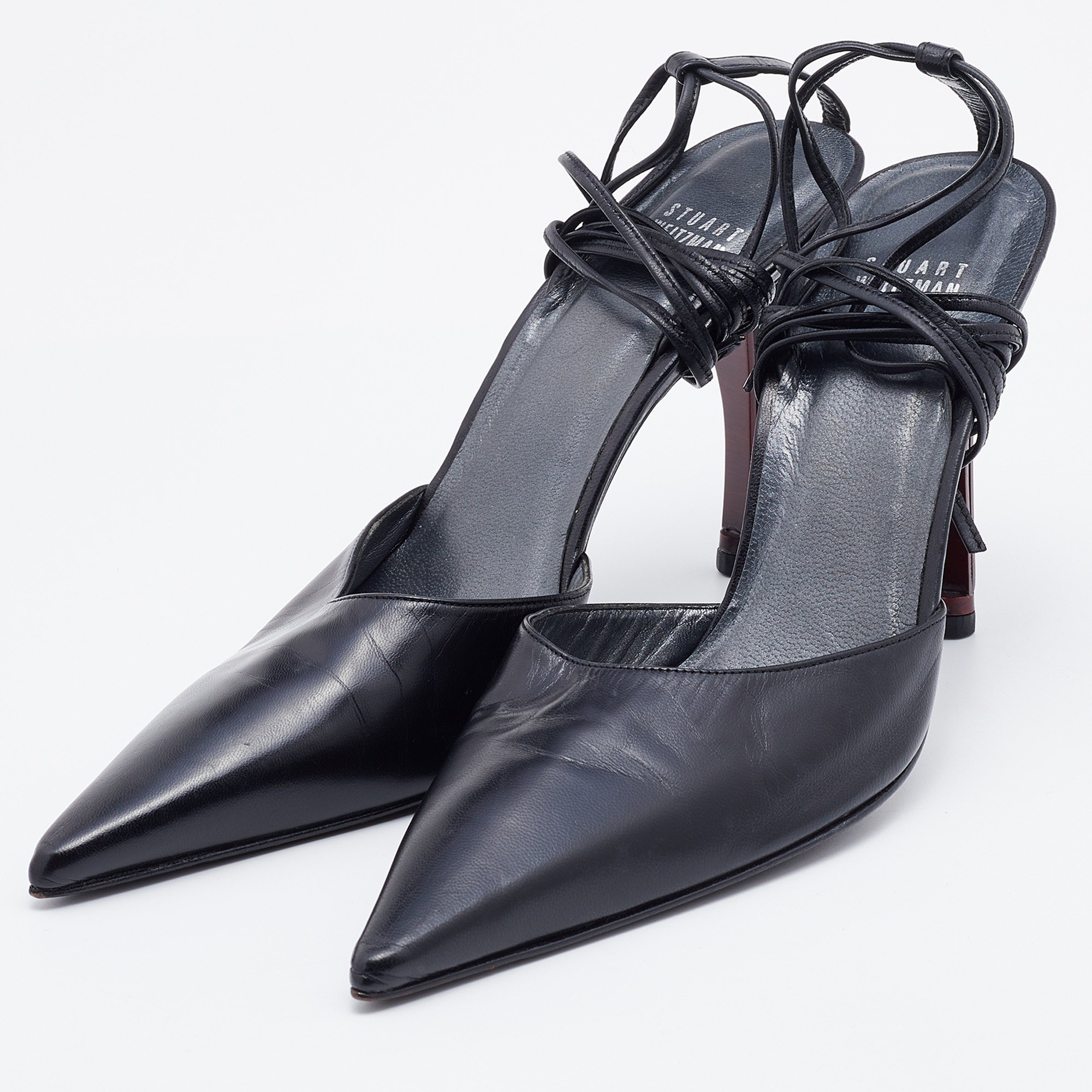 

Stuart Weitzman Black Leather Pointed Toe Ankle Wrap Pumps Size