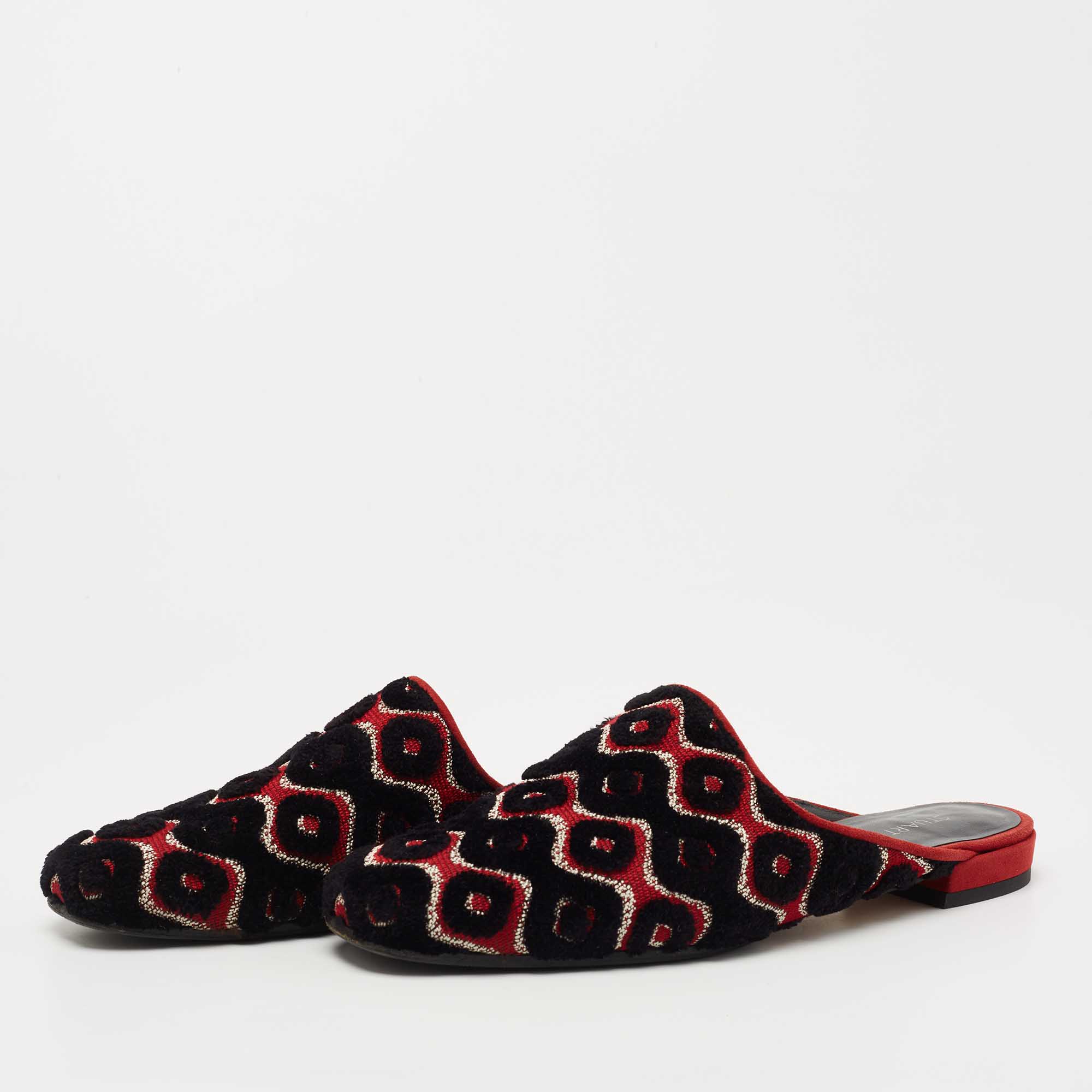 

Stuart Weitzman Black/Red Embroidered Fabric Mulearky Flat Mules Size