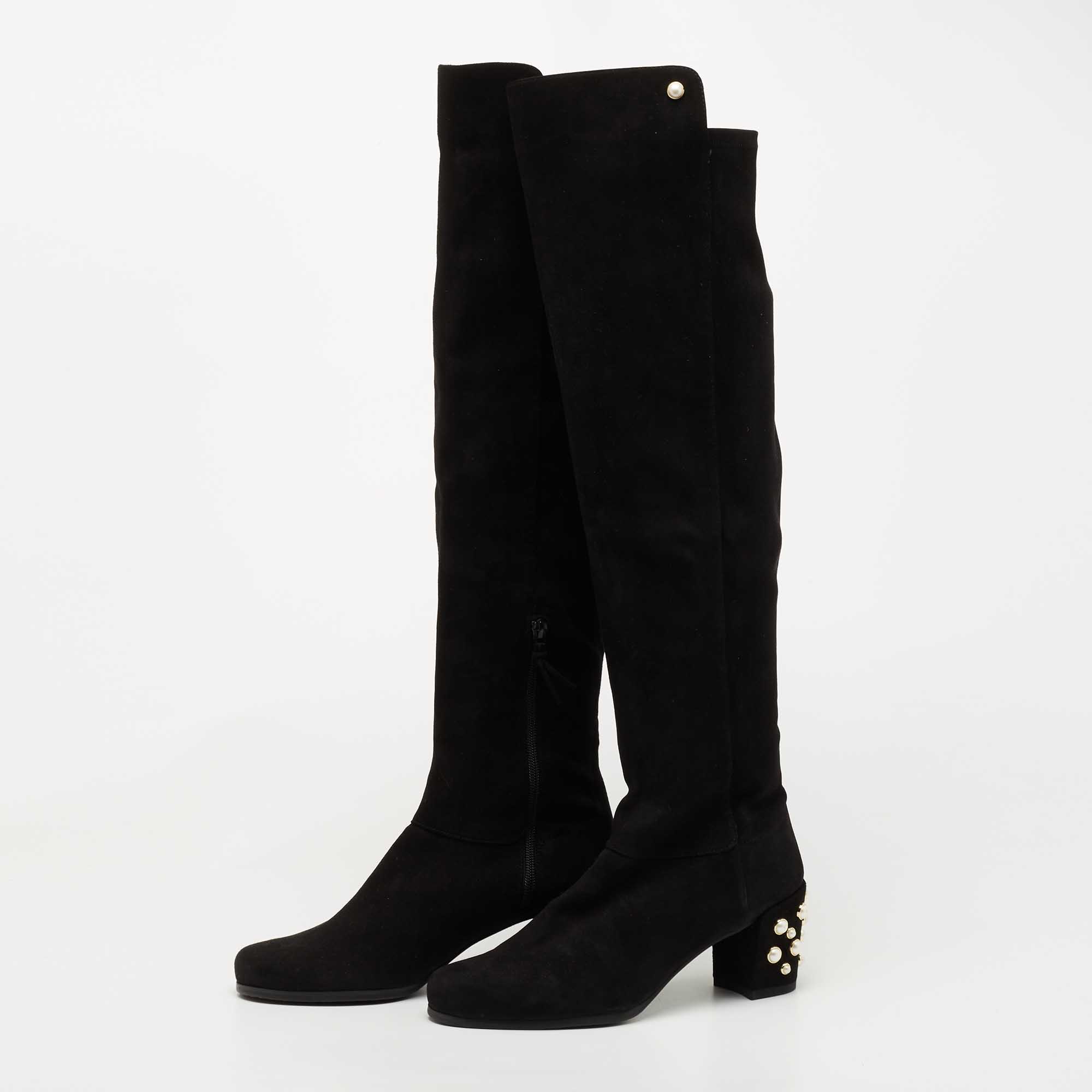 

Stuart Weitzman Black Suede Pearl Studded Knee Length Boots Size