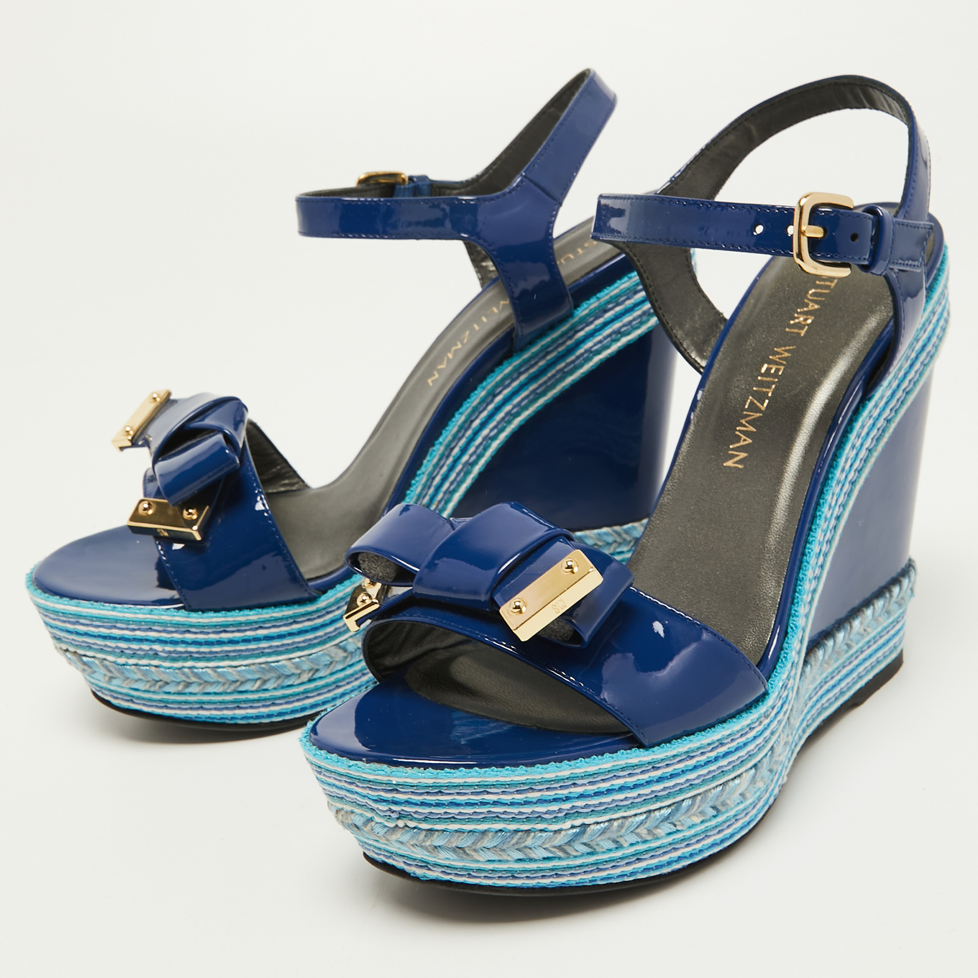 

Stuart Weitzman Blue Patent Leather Ankle Strap Wedge Sandals Size