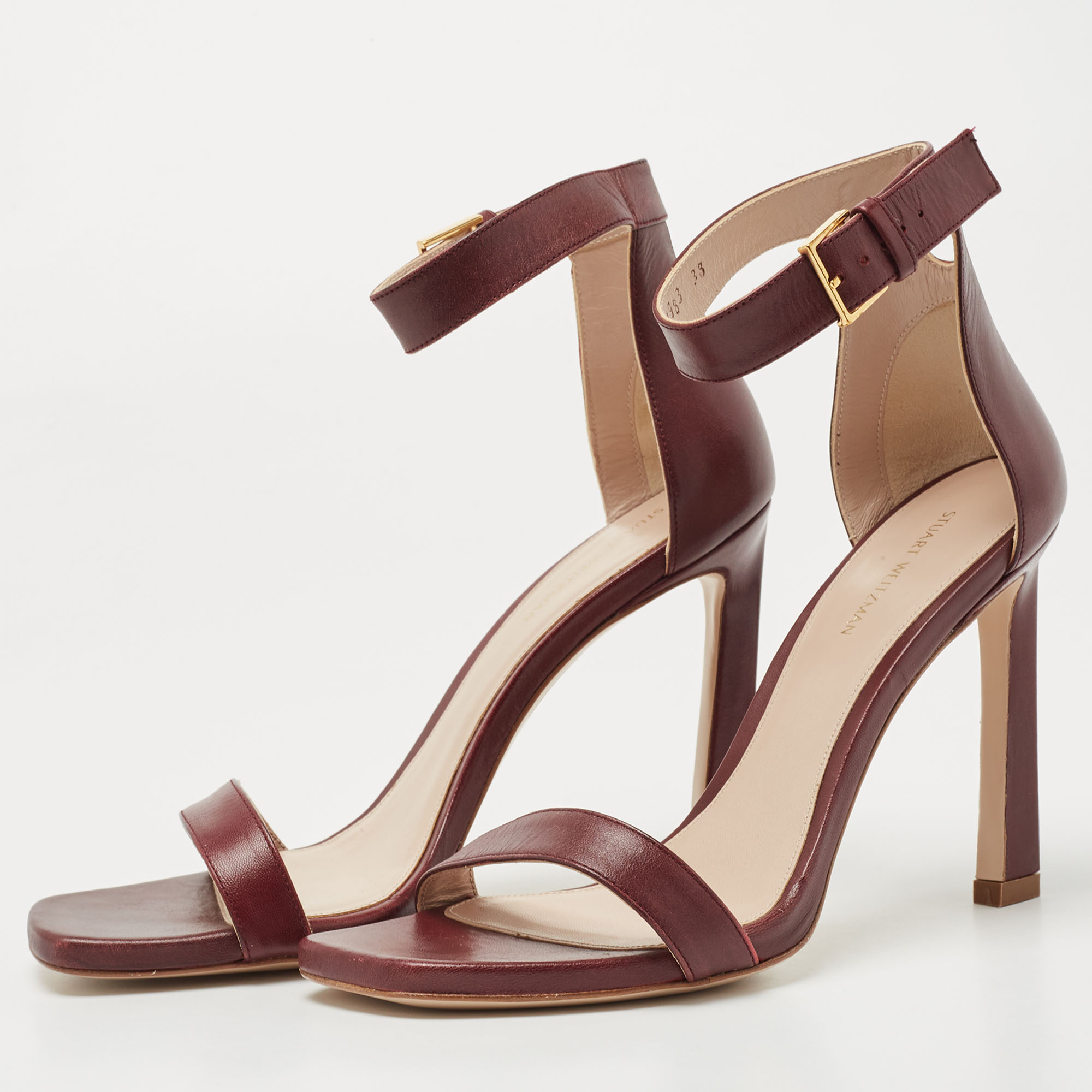

Stuart Weitzman Burgundy Leather Nudistsong Ankle Strap Sandals Size