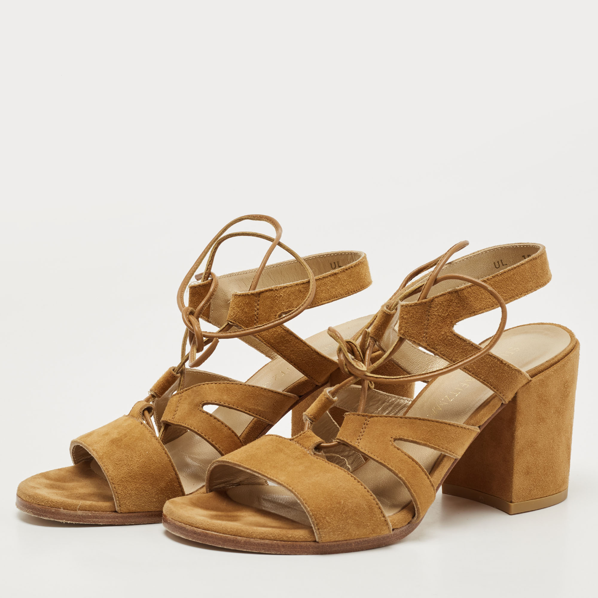 

Stuart Weitzman Tan Suede Lace Up Block Heel Sandals Size