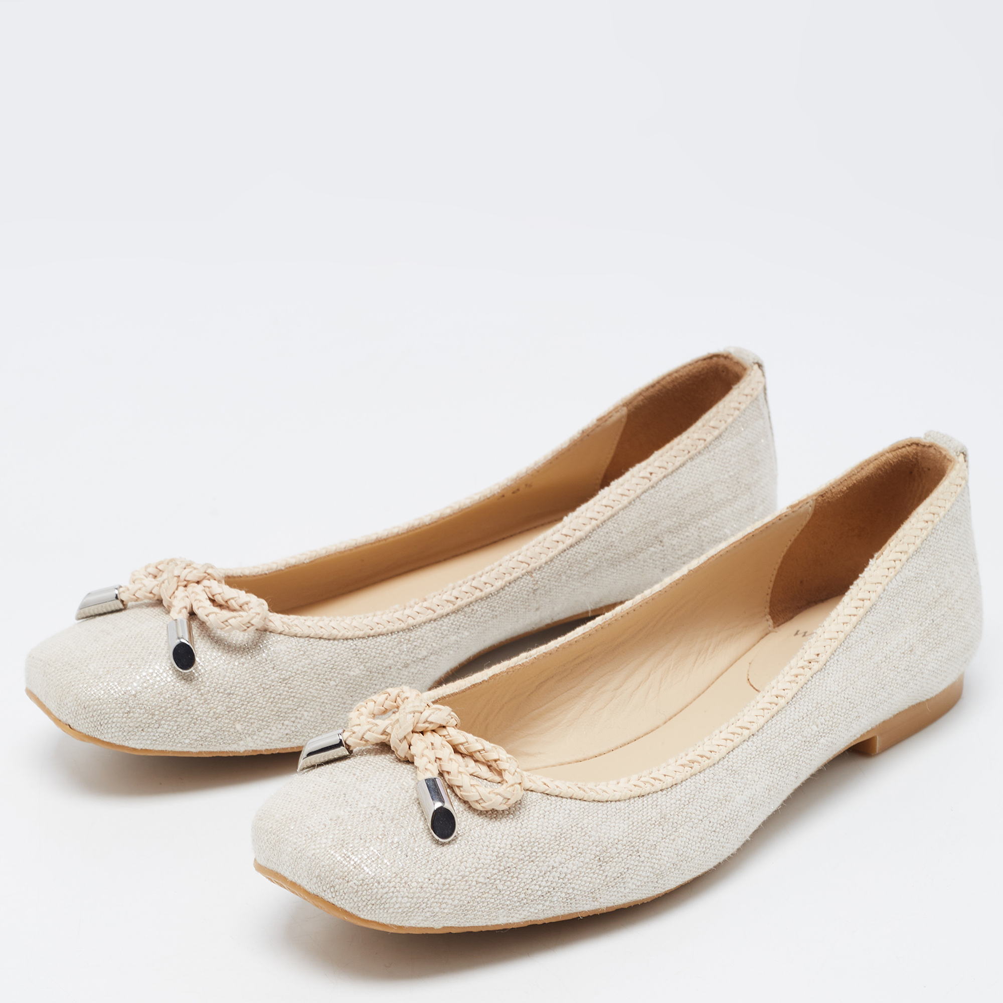 

Stuart Weitzman Beige Canvas and Leather Trimmed Bow Detail Ballet Flats Size