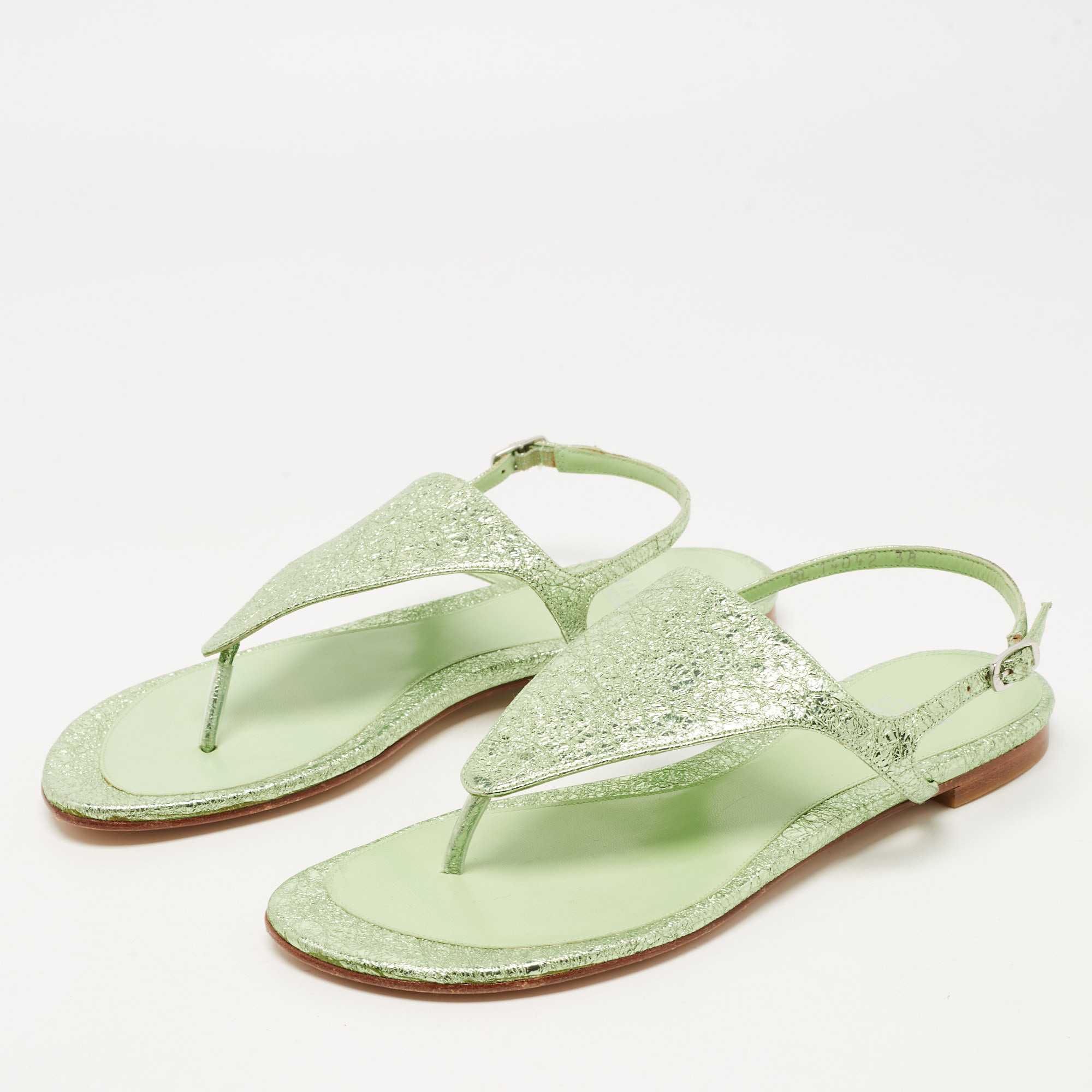 

Stuart Weitzman Green Foil Leather Thong Slingback Flat Sandals Size