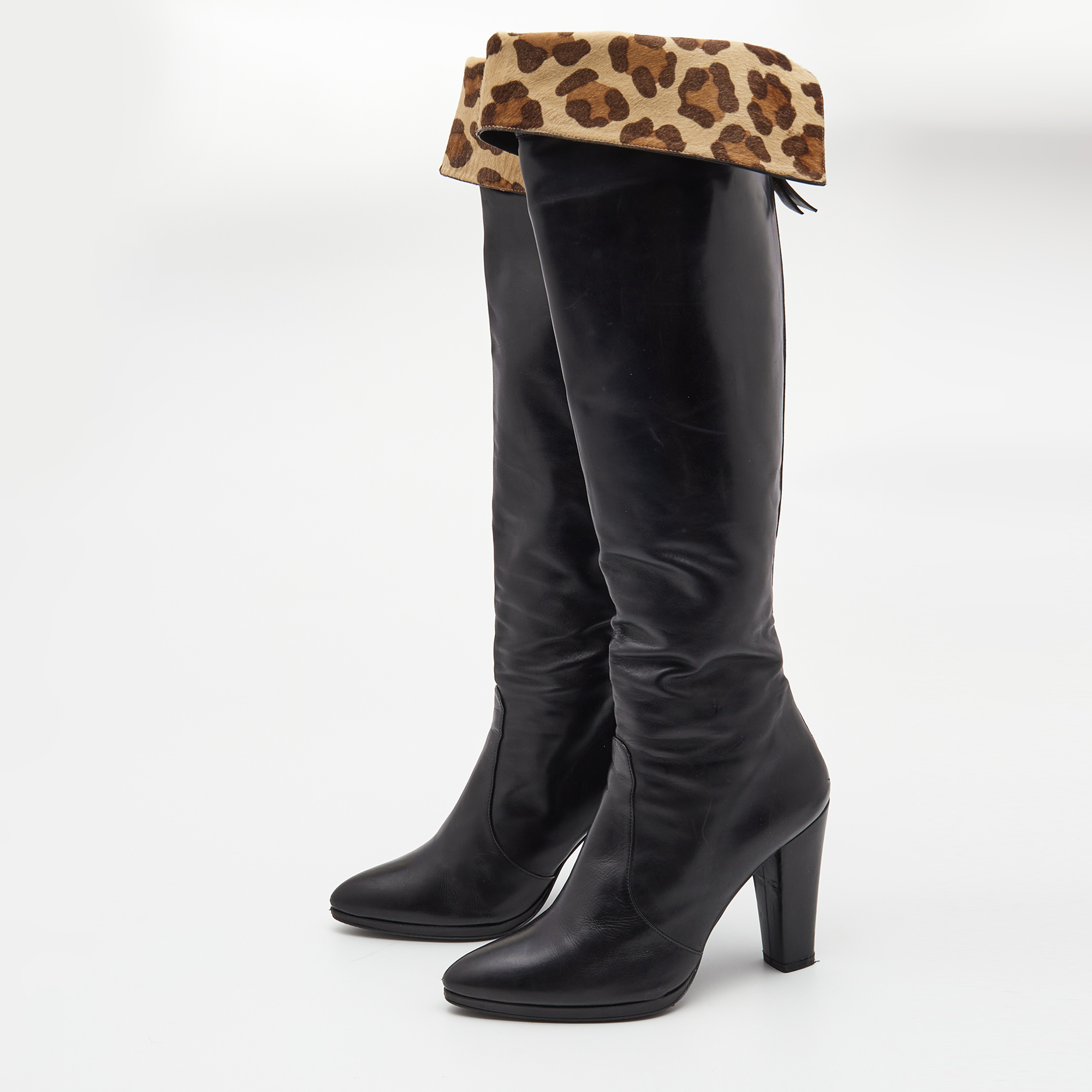 

Stuart Weitzman Black Leather and Leopard Calf Hair knee Length Boots Size