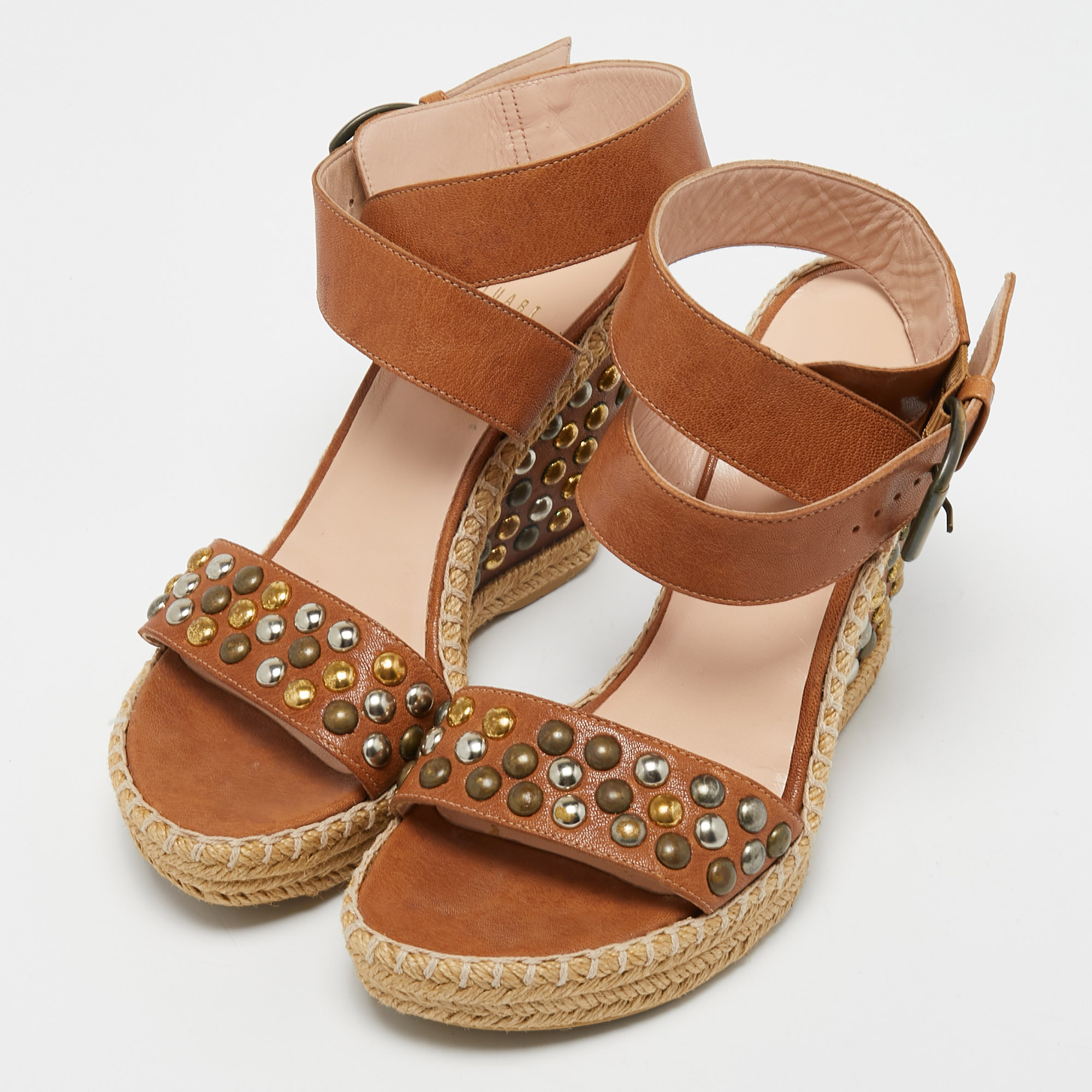 

Stuart Weitzman Brown Studded Leather Hubcaps Wedge Sandals Size