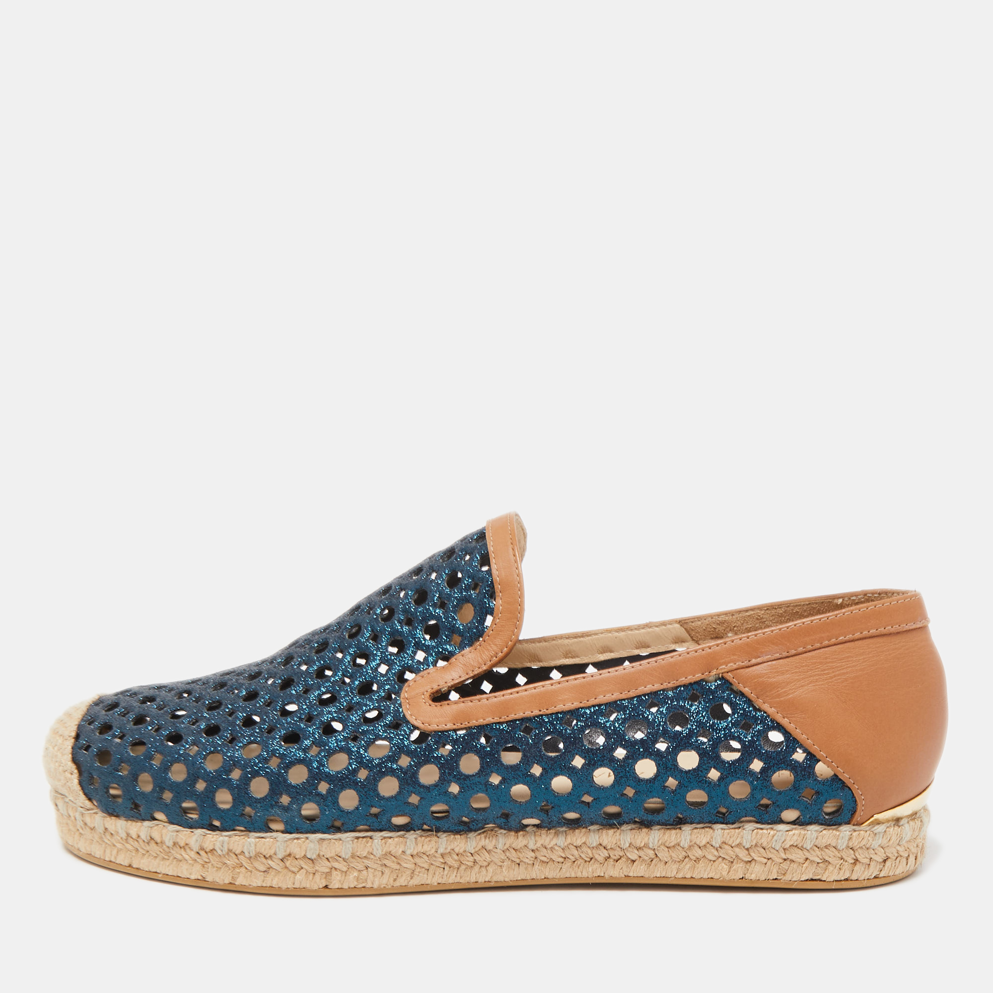 Pre-owned Stuart Weitzman Metallic Blue/brown Leather And Glitter Laser Cut County Espadrilles Size 39