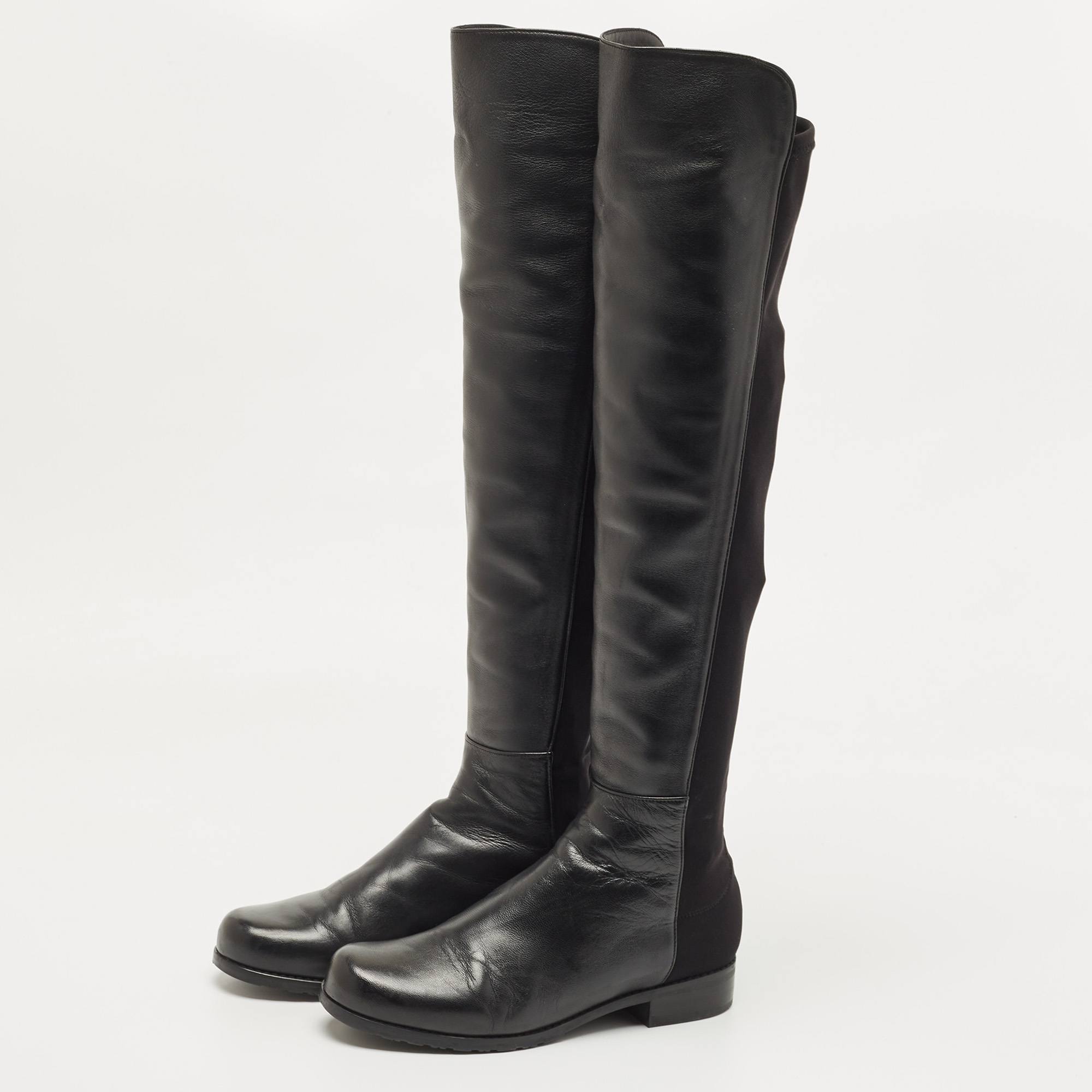 

Stuart Weitzman Black Leather And Stretch Fabric Knee Length Boots Size