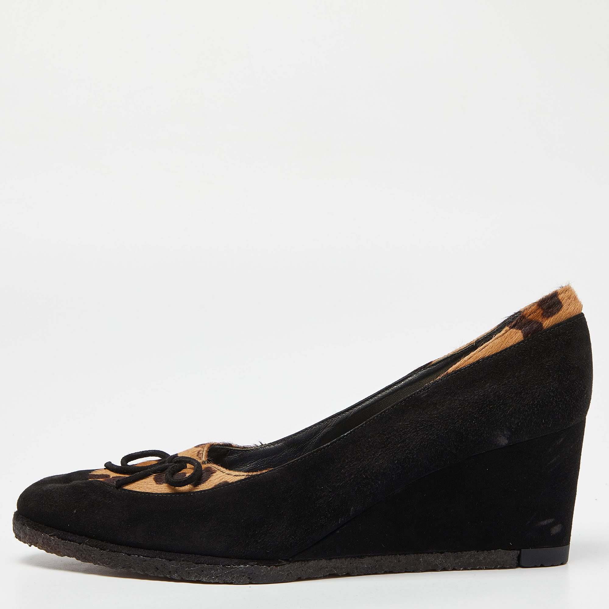 

Stuart Weitzman Black/Brown Suede and Calf Hair Wedge Pumps Size
