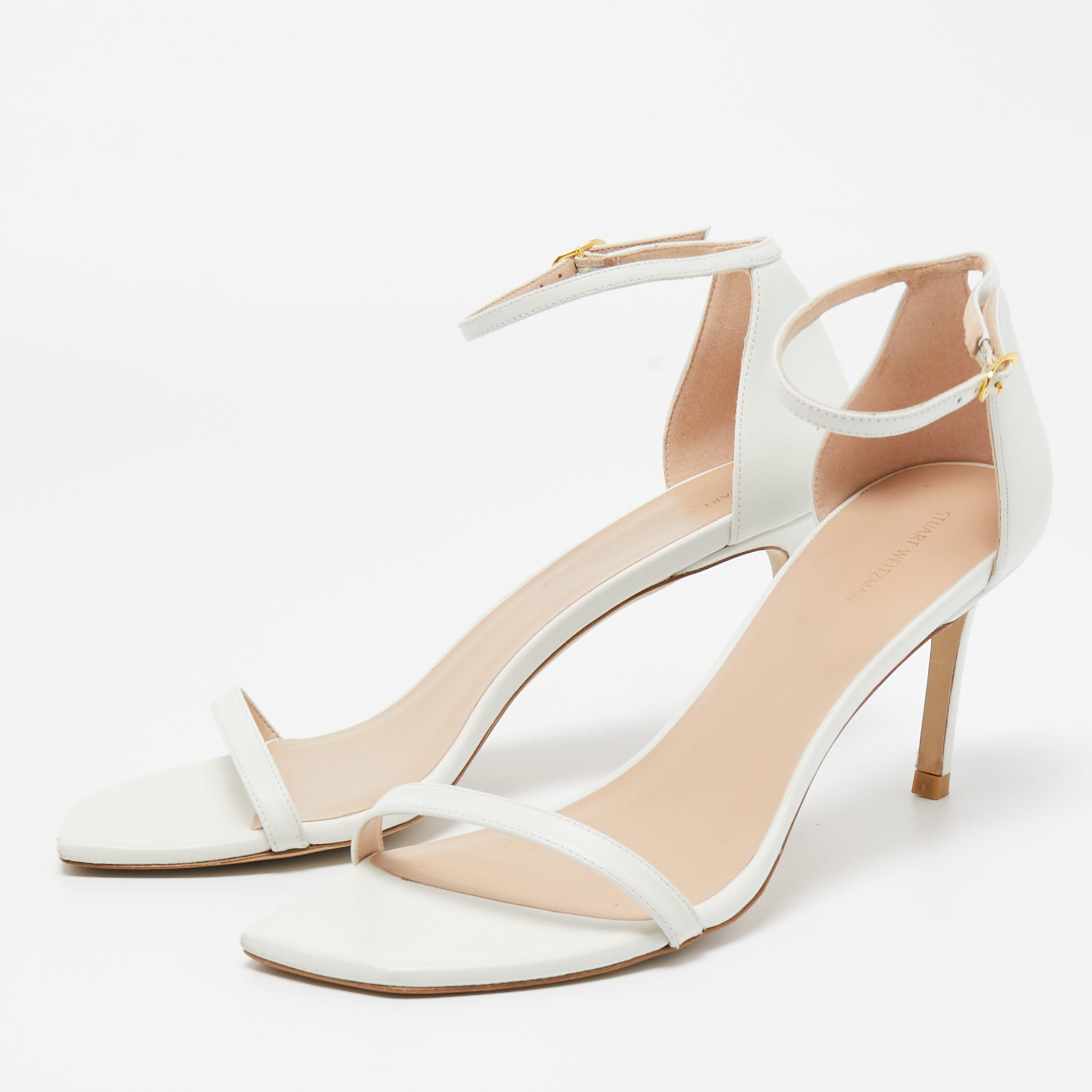 

Stuart Weitzman White Leather Nudist Ankle Strap Sandals Size