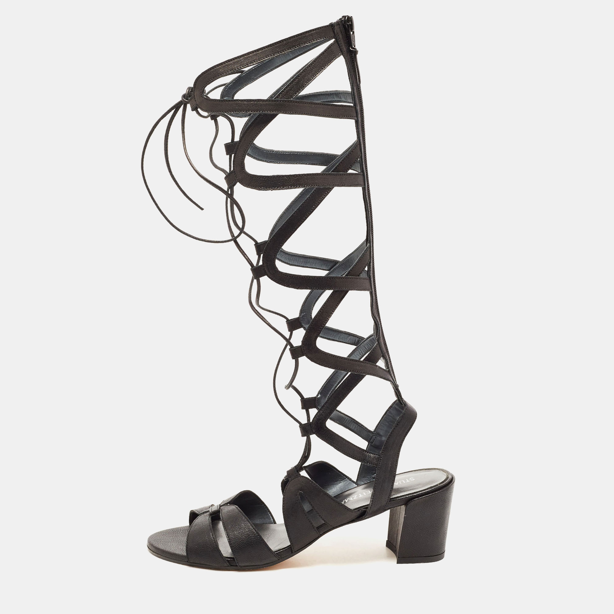 Pre-owned Stuart Weitzman Black Leather Grecian Gladiator Sandals Size 36