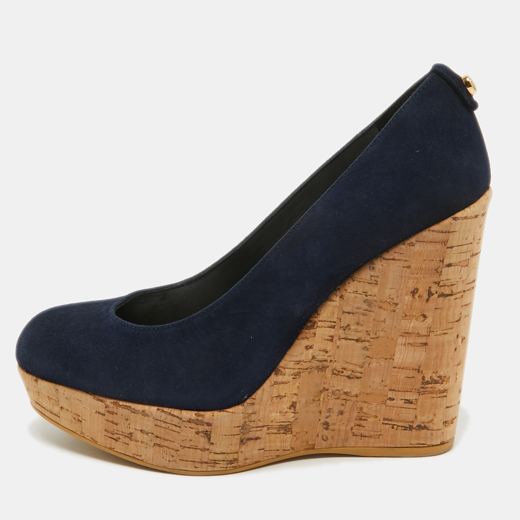 

Stuart Weitzman x Russell Bromley Navy Blue Suede Corkswoon Wedge Pumps Size