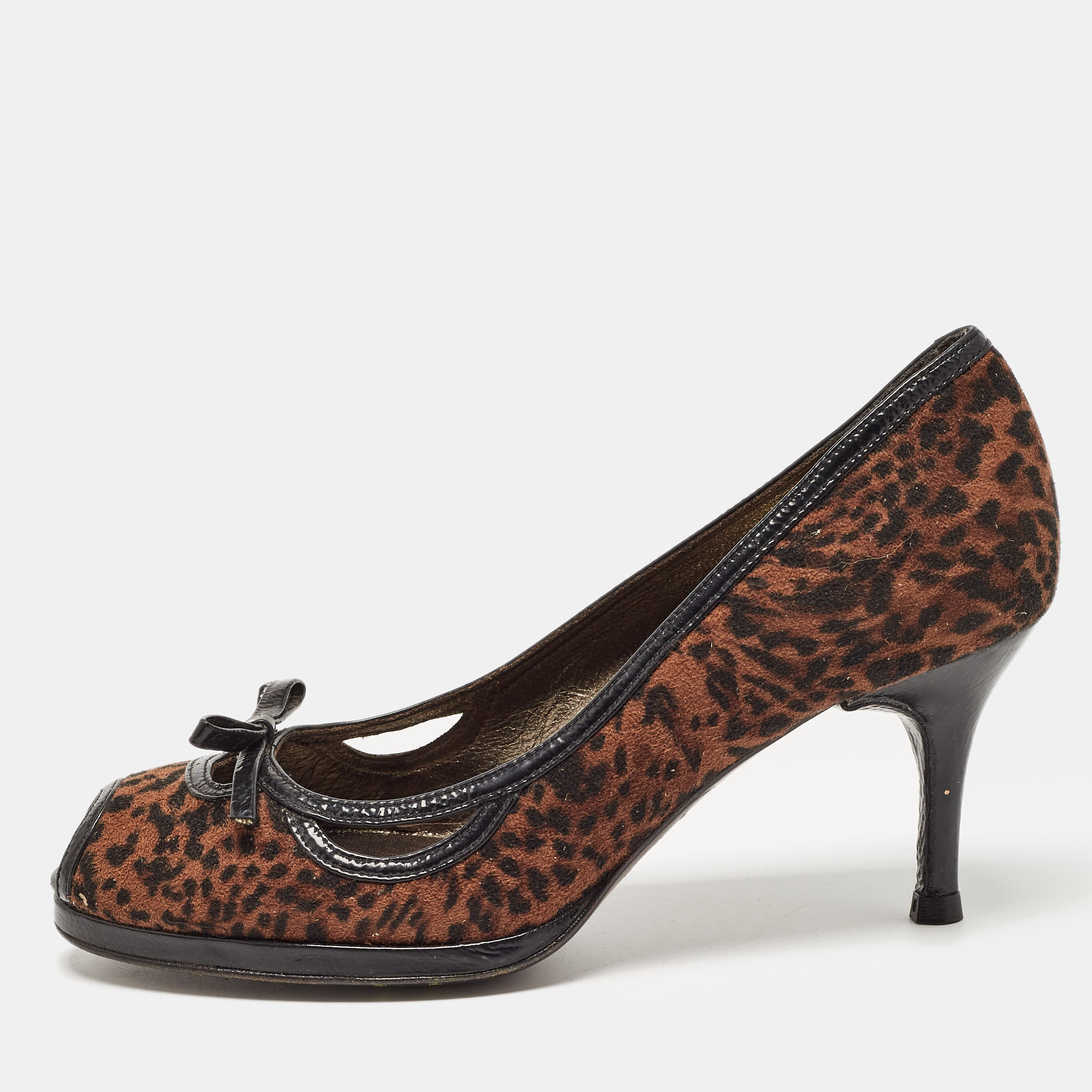 

Stuart Weitzman Black/Brown Leopard Suede and Patent Leather Bow Peep Toe Pumps Size
