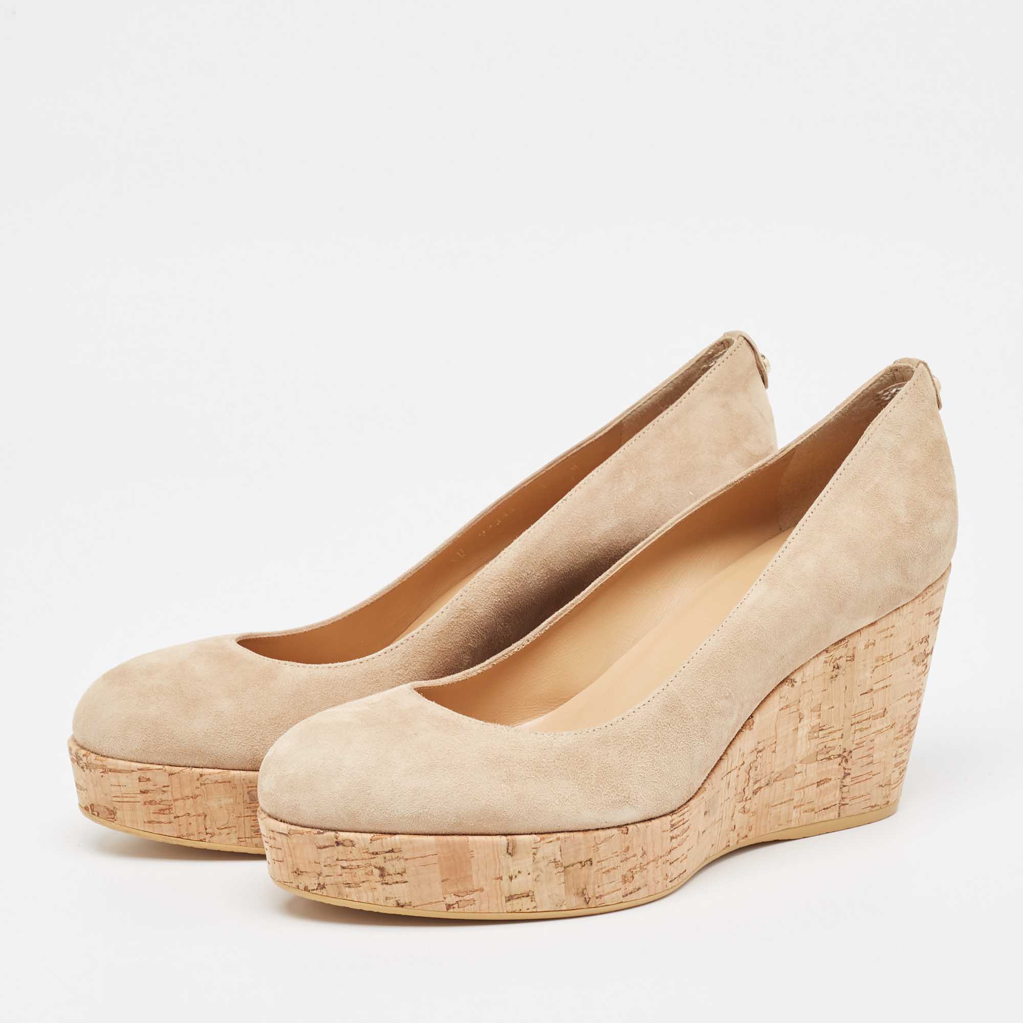 Stuart Weitzman Beige Suede Cork Platform Wedge Pumps Size 41 