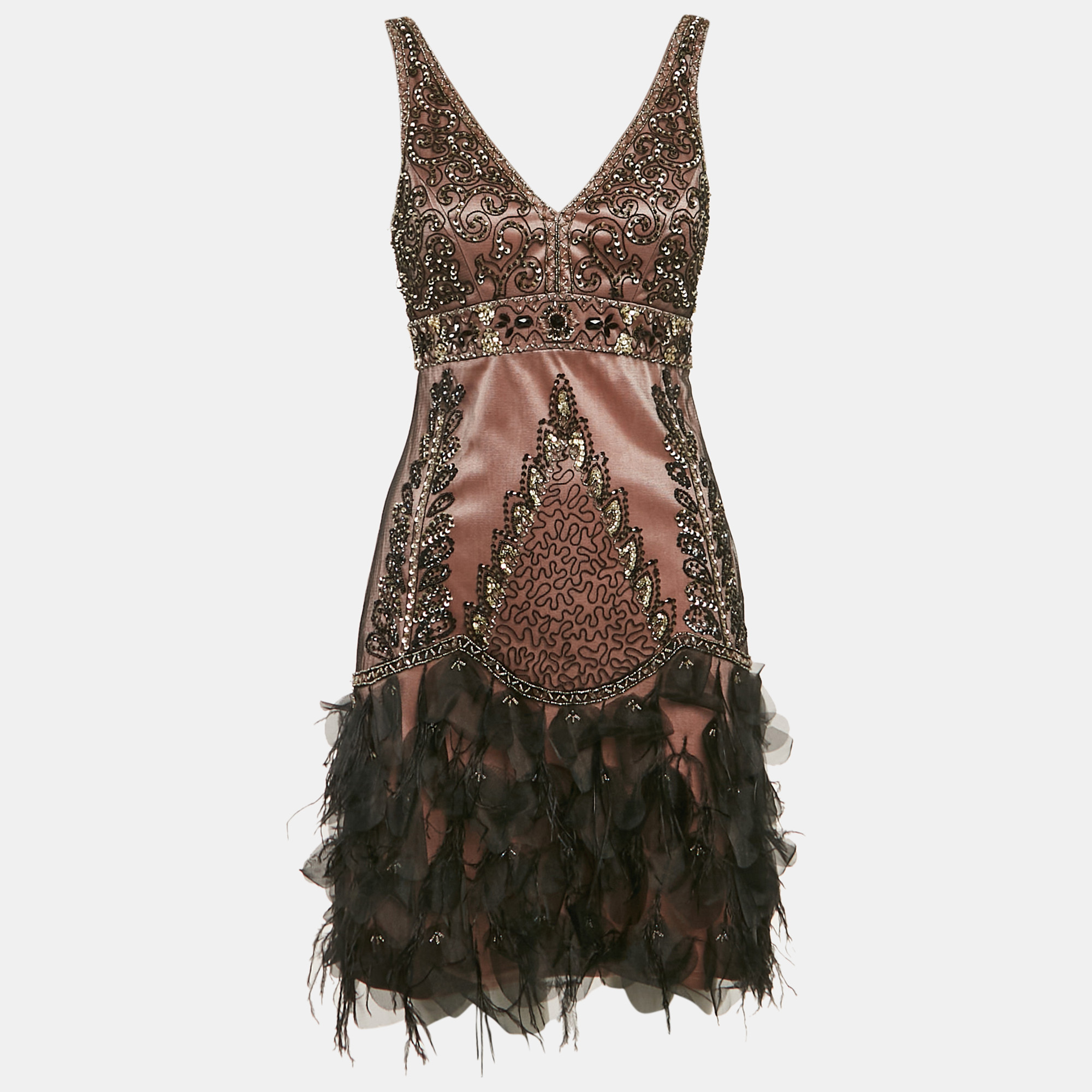 

Sue Wong Black/Pink Embellished Tulle Feather Detail Sleeveless Mini Dress S