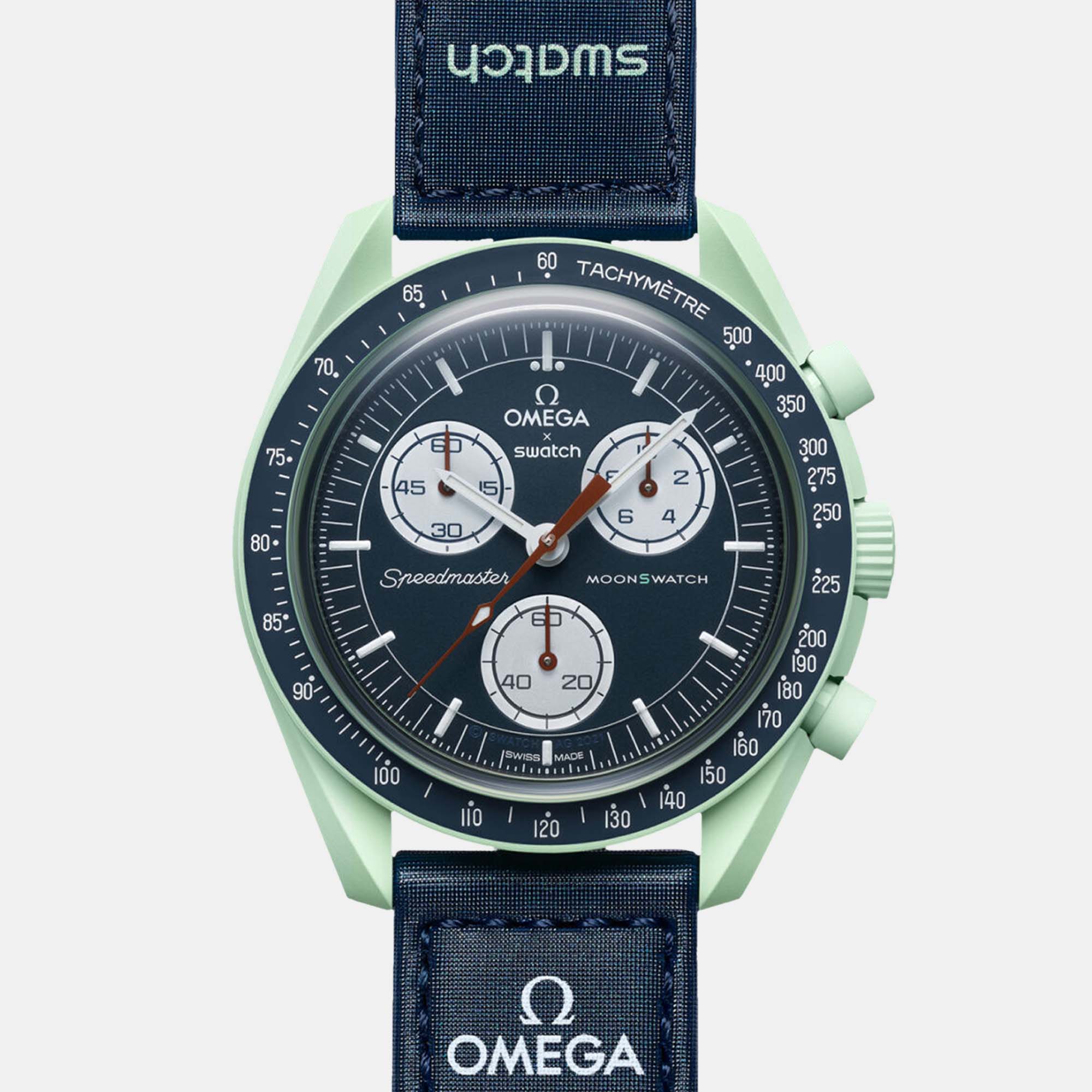 

Omega X Swatch Green and Blue Bioceramic Velcro Mission On Earth So33G100 Watch 42 mm