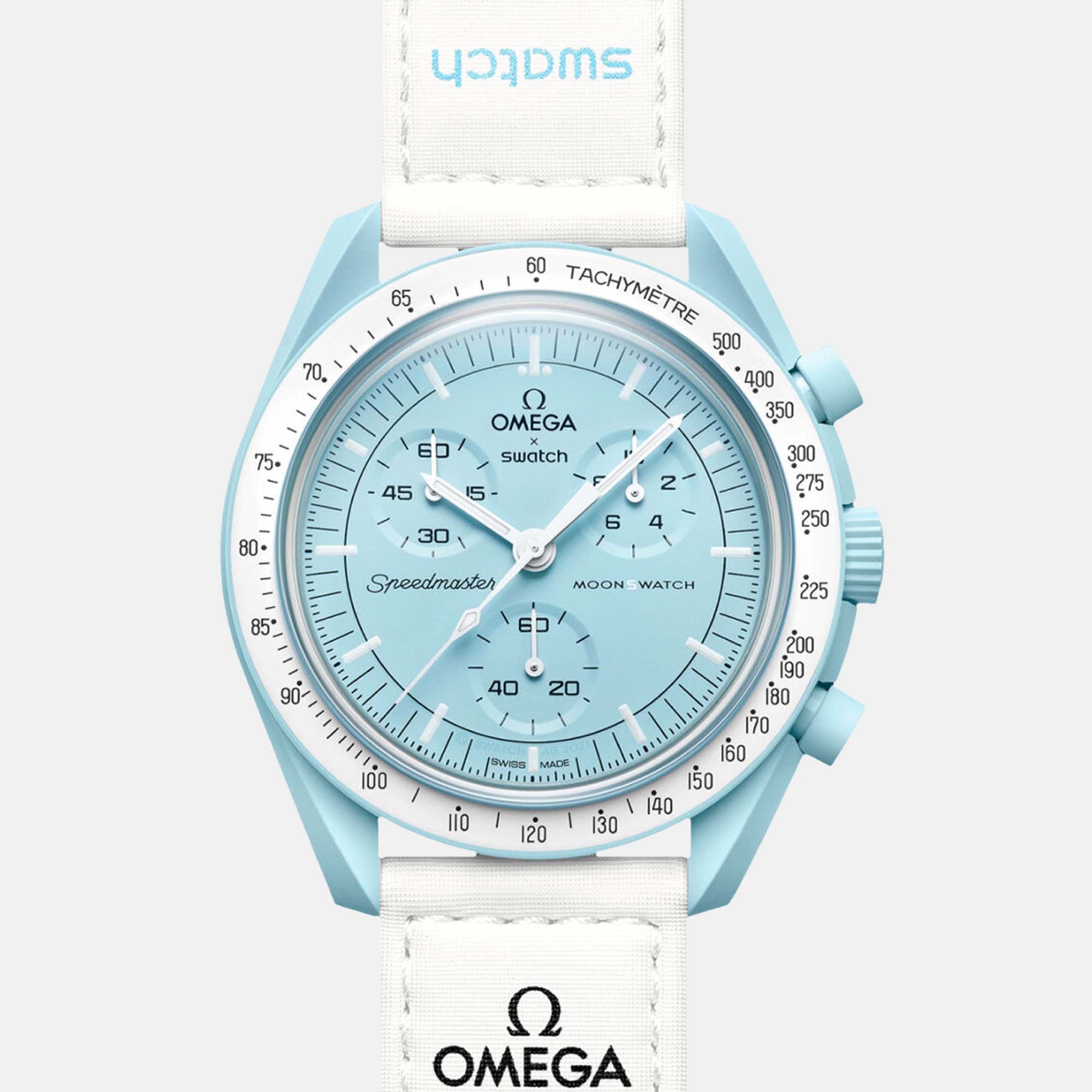 

Omega X Swatch Pale Blue Bioceramic Velcro Moon Swatch Mission To Uranus SO33ML100 Wristwatch