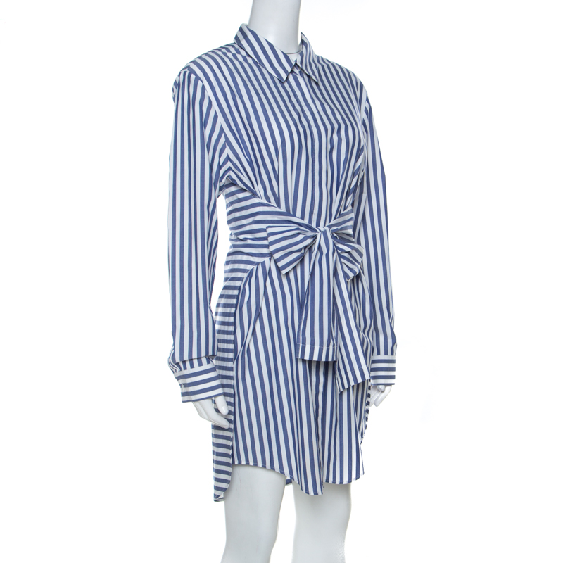 

Alexander Wang Blue & White Striped Cotton Tie Front Short Dress