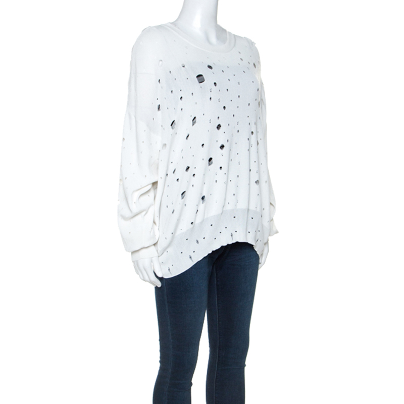 

T by Alexander Wang White Knit Distressed Hole Detail Oversized Sweater