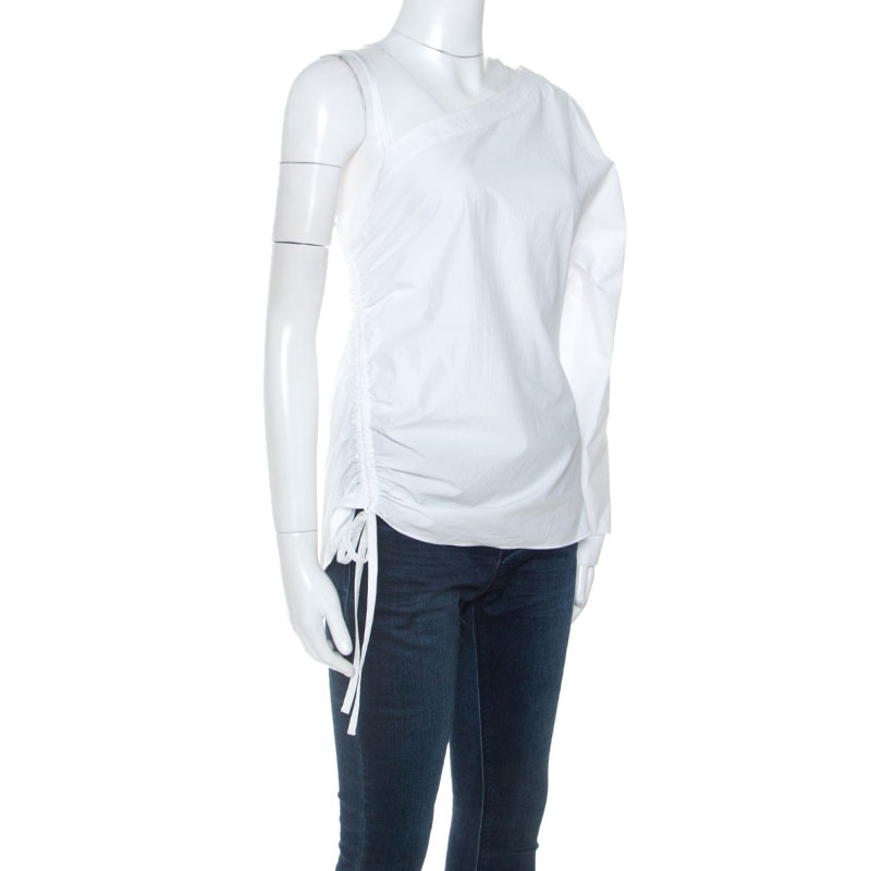 

T by Alexander Wang White Cotton Ruched Detail One Shoulder Top