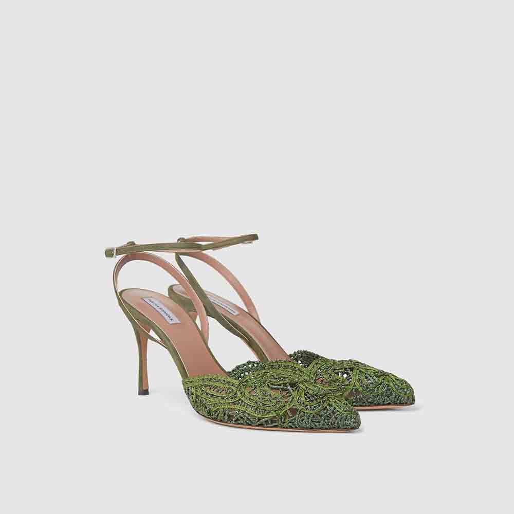 

Tabitha Simmons Green Olive Lace Ankle Strap Pumps FR