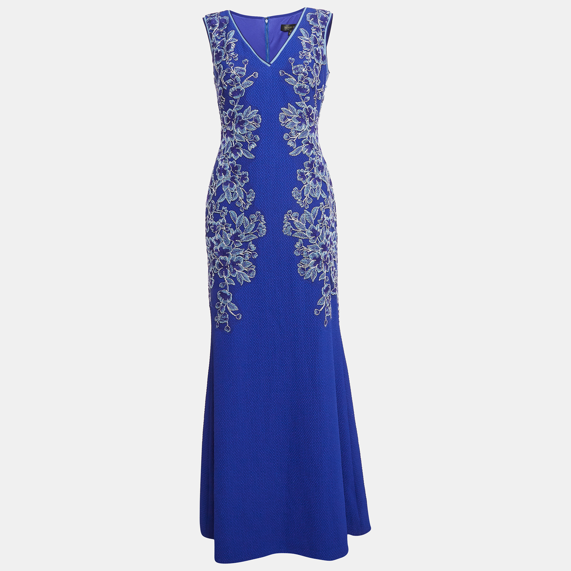 

Tadashi Shoji Blue Floral Embroidery Textured Crepe Sleeveless Gown S