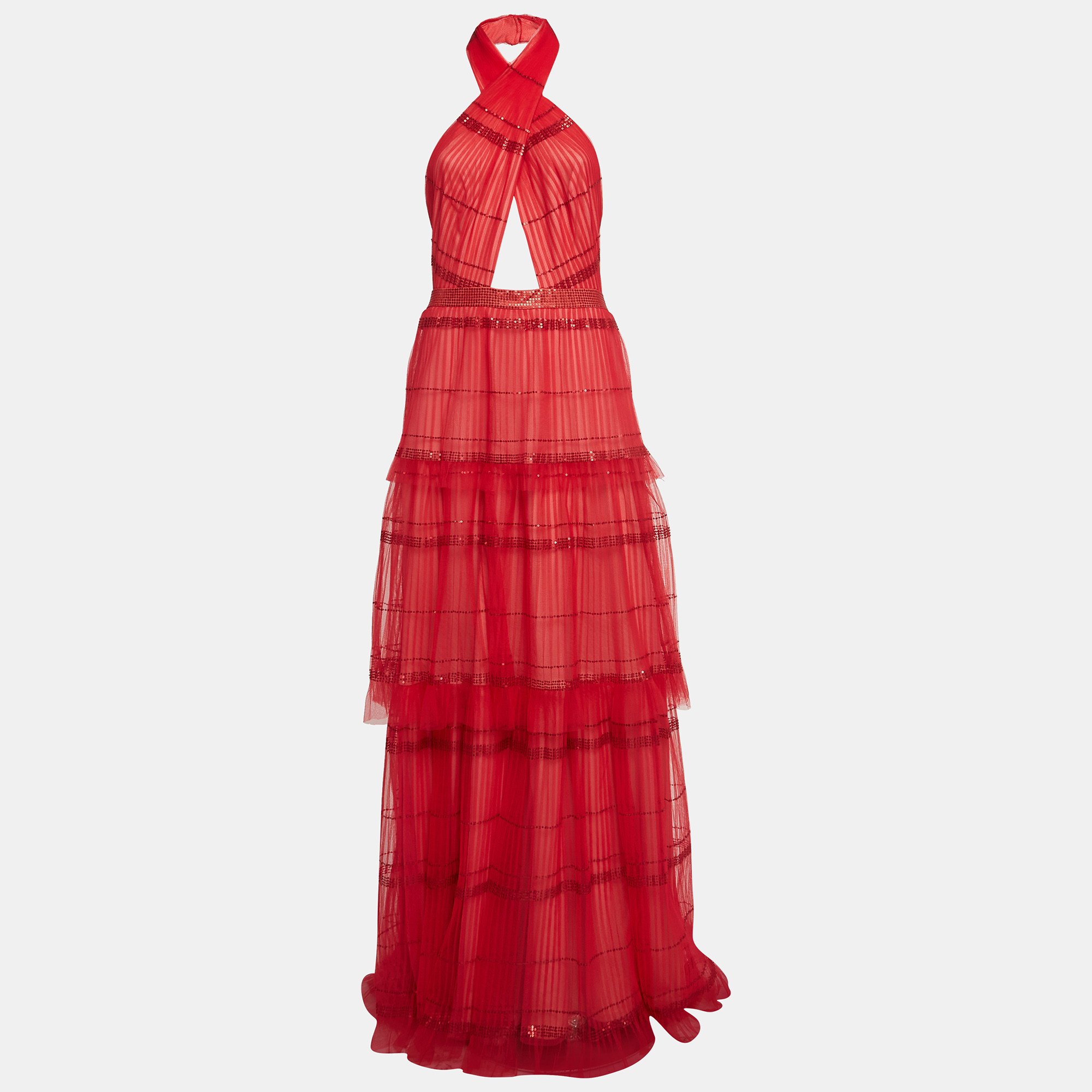 

Tadashi Shoji Red Sequin Tulle Halter Neck Tiered Gown M